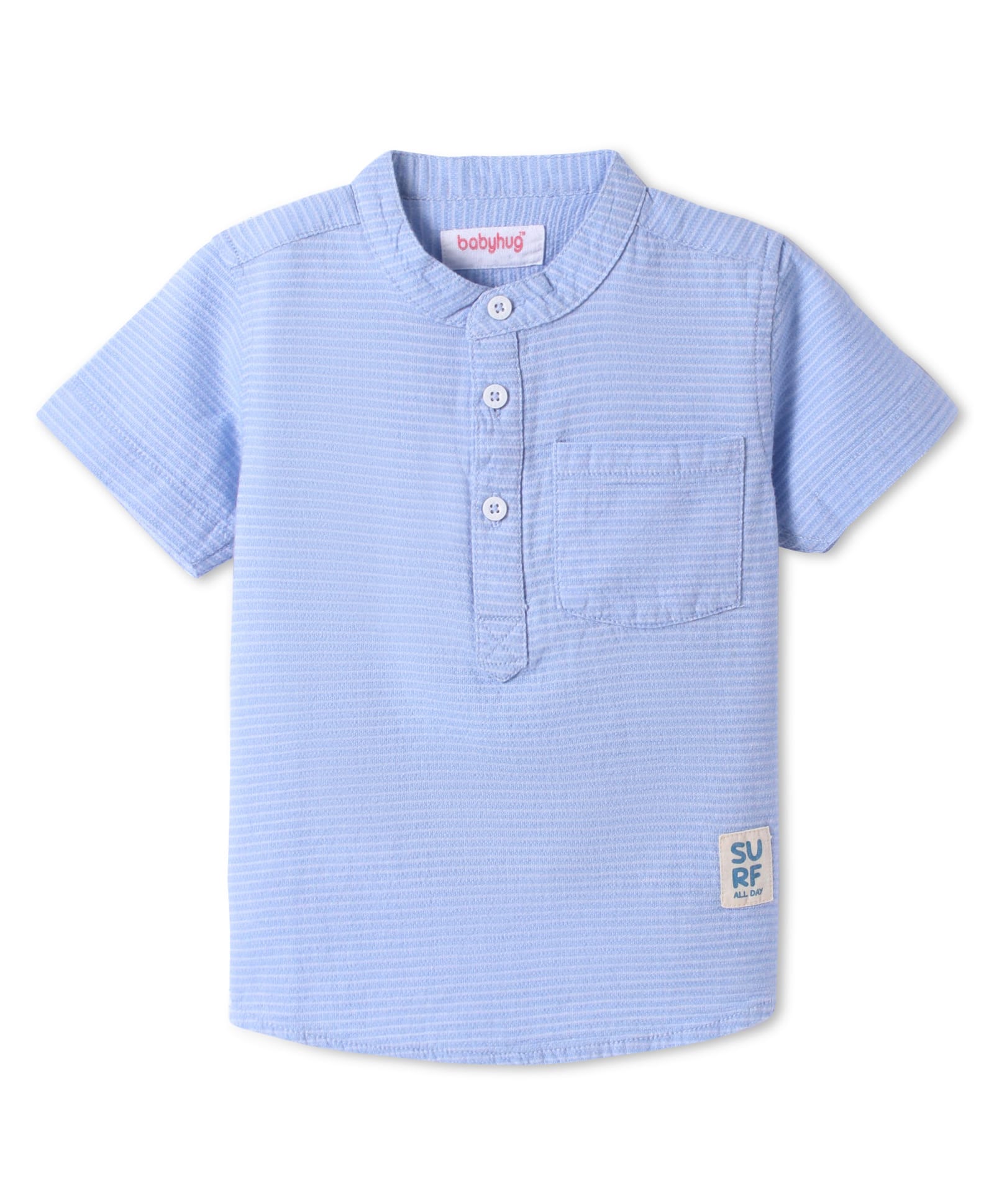 Babyhug Cotton Woven Half Sleeves Mandarin Collar Striped Kurta Shirt with Text Patch - Light Blue-image-8