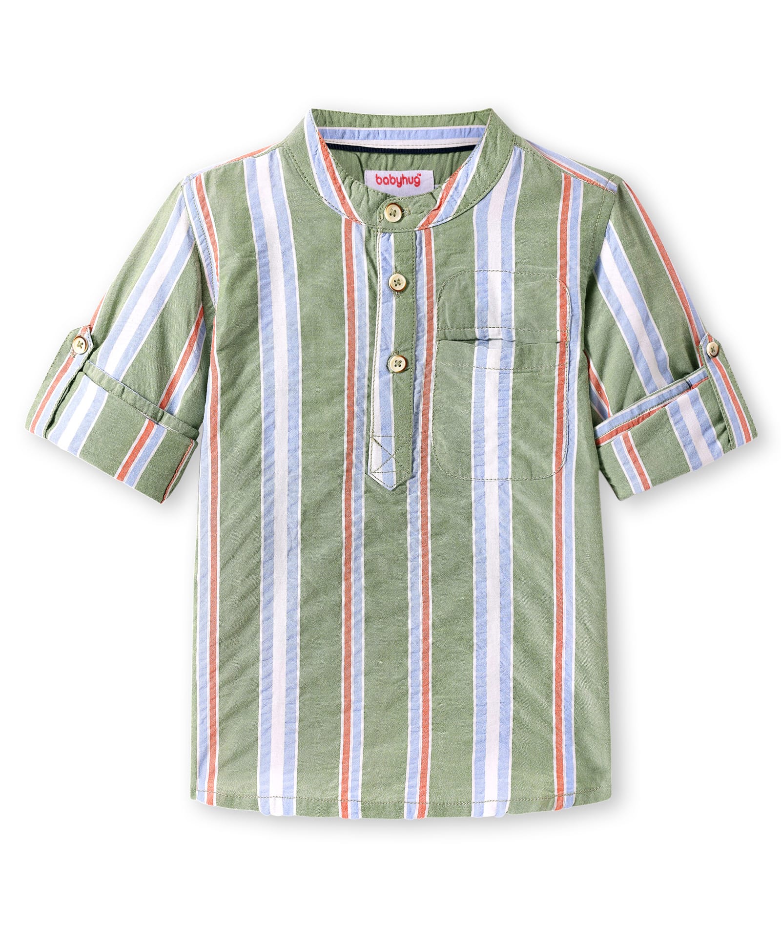 Babyhug Cotton Woven Full Sleeves Mandarin Collar Kurta Type Shirt with Stripes - Olive Green-image-40