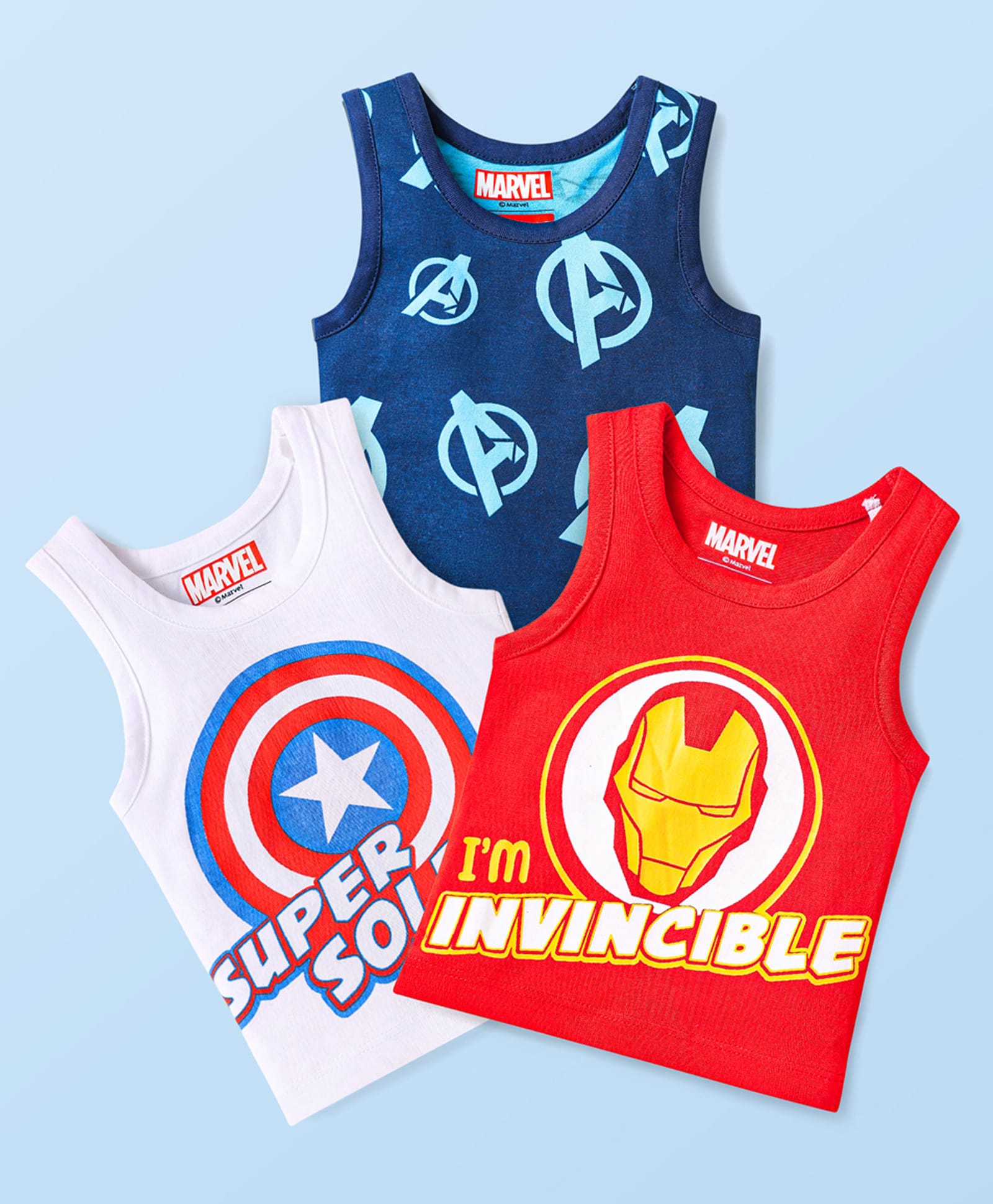Babyhug Marvel Knit Sleeveless Vests With Avengers Graphics Pack Of 3 - Red Blue & White-image-42