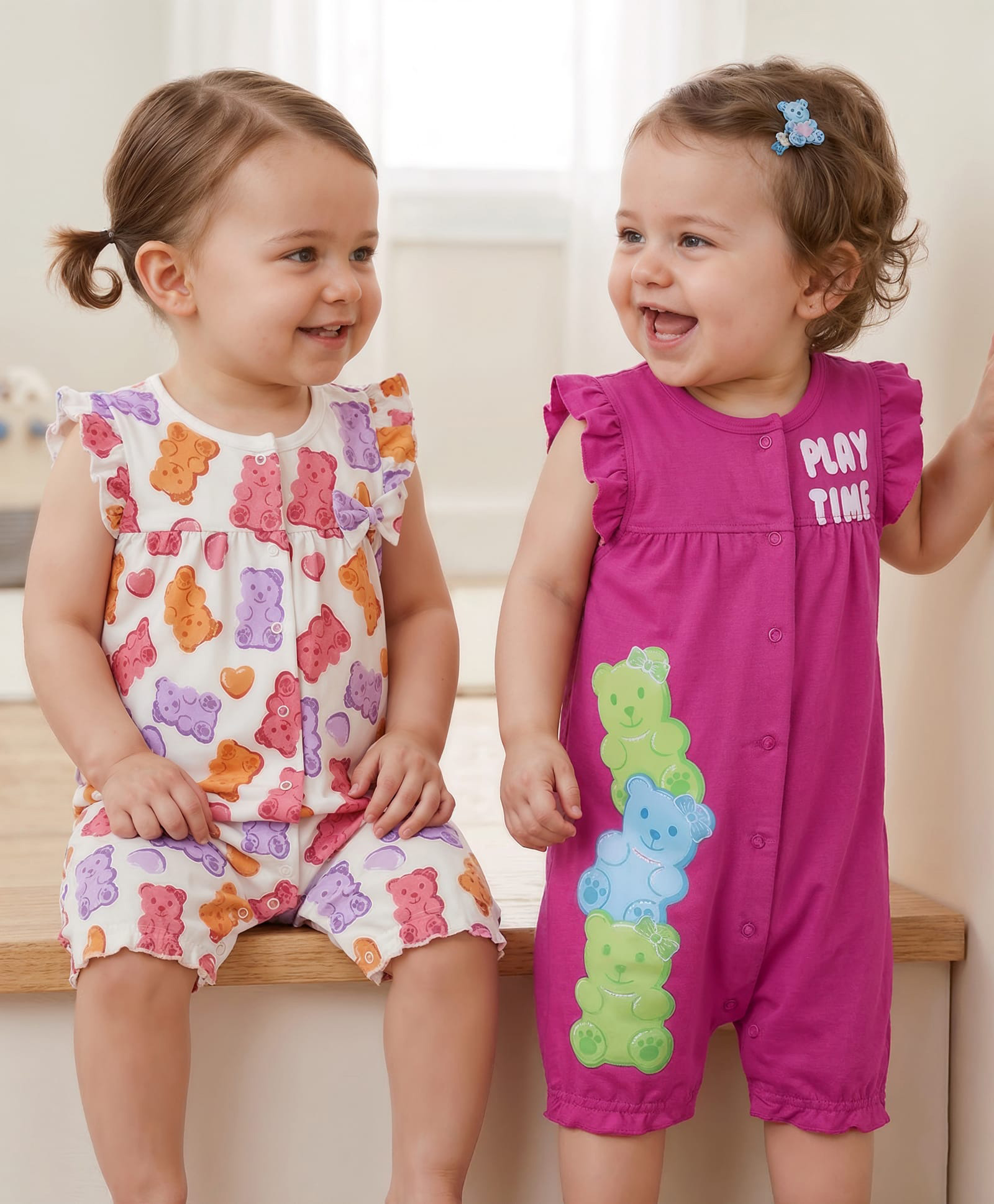 Babyoye 100% Cotton Knit With Eco- Jiva Finish Frill Sleeves Teddy Bear Printed Rompers Pack of 2 - White & Pink-image-32