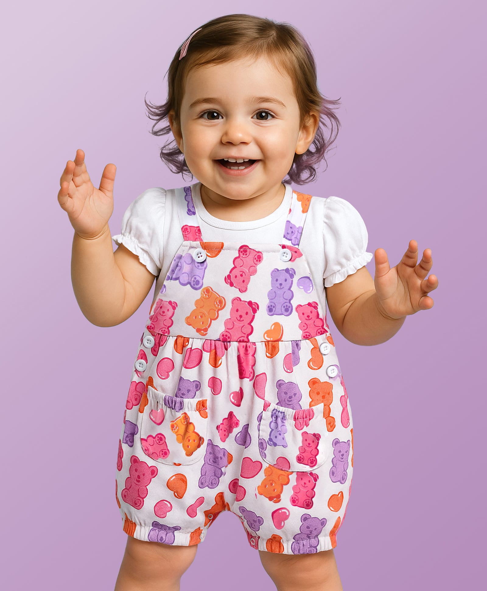 Babyoye Interlock Knit Dungaree & Half Sleeves T-Shirt With Teddy Bear Print - White-image-37