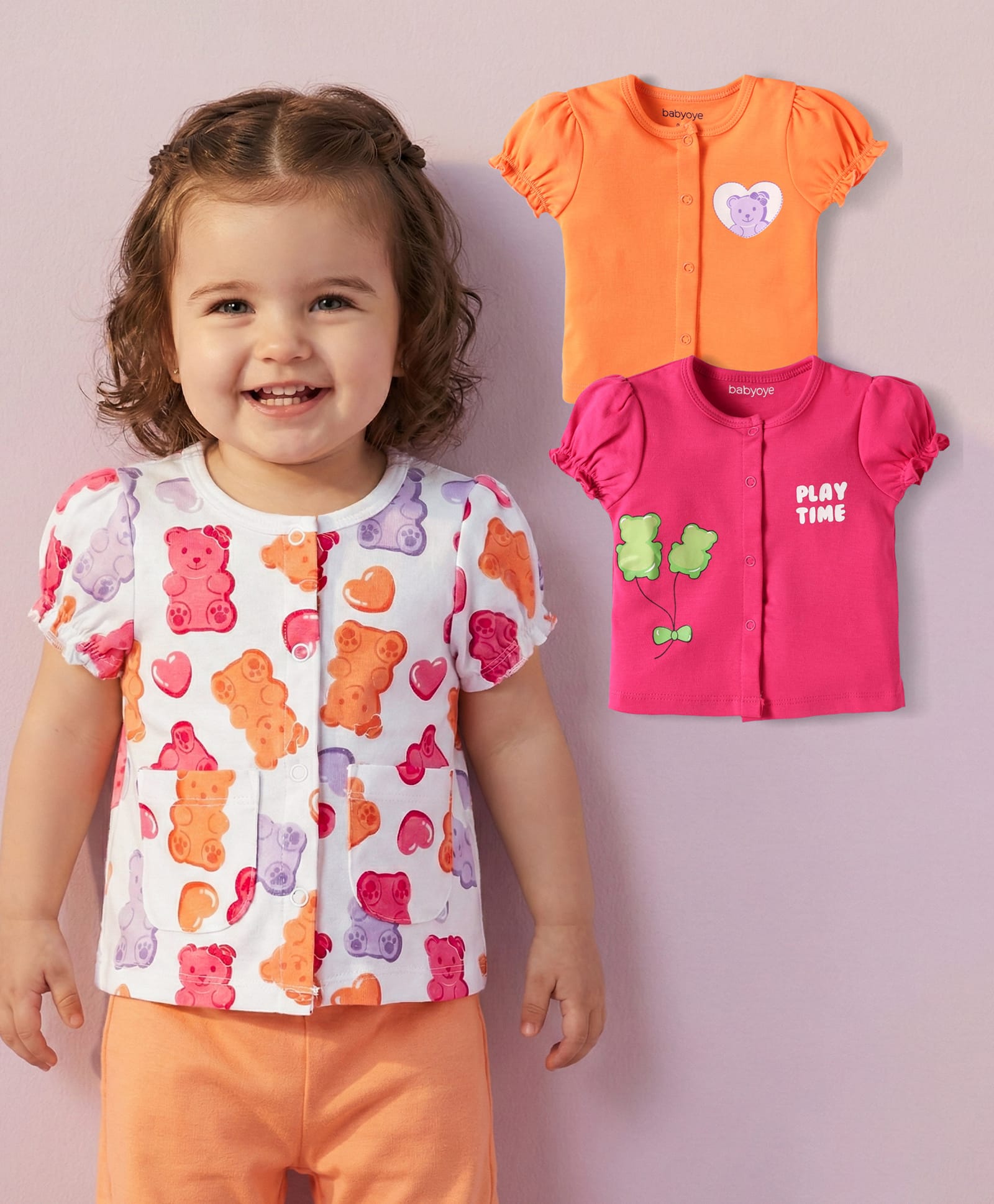 Child World 100% Cotton With Eco Jiva Finish Half Sleeves Front Open Jhablas With Teddy Bear Print Pack Of 3 - Dark Pink Orange & White-image-1