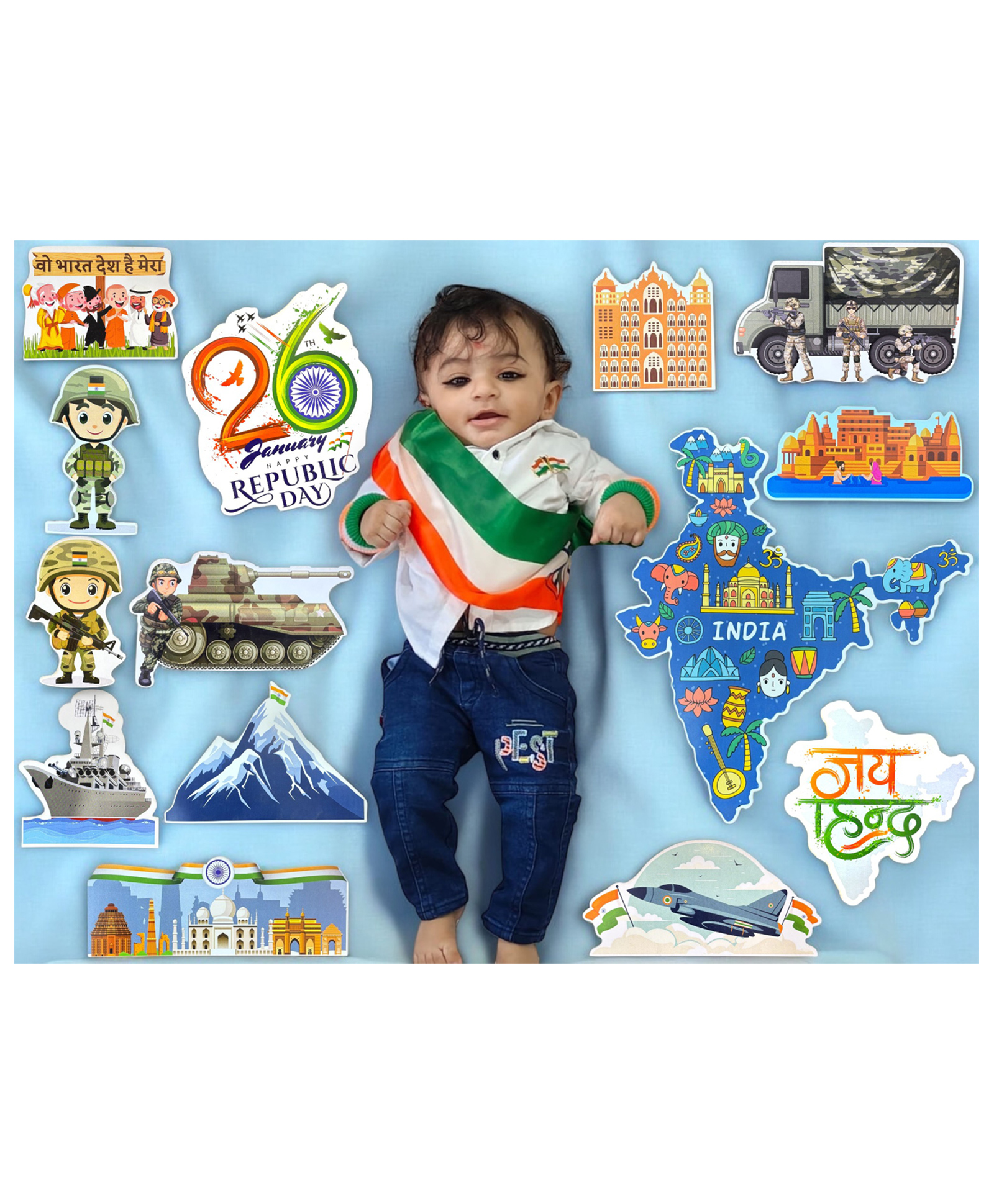 TodFod 20+ Pcs Republic Day Theme Photo Booth Cards/Props for Kids, New Born, 26 January Props for Photoshoot Celebrations Decorations Republic Day Cardstock