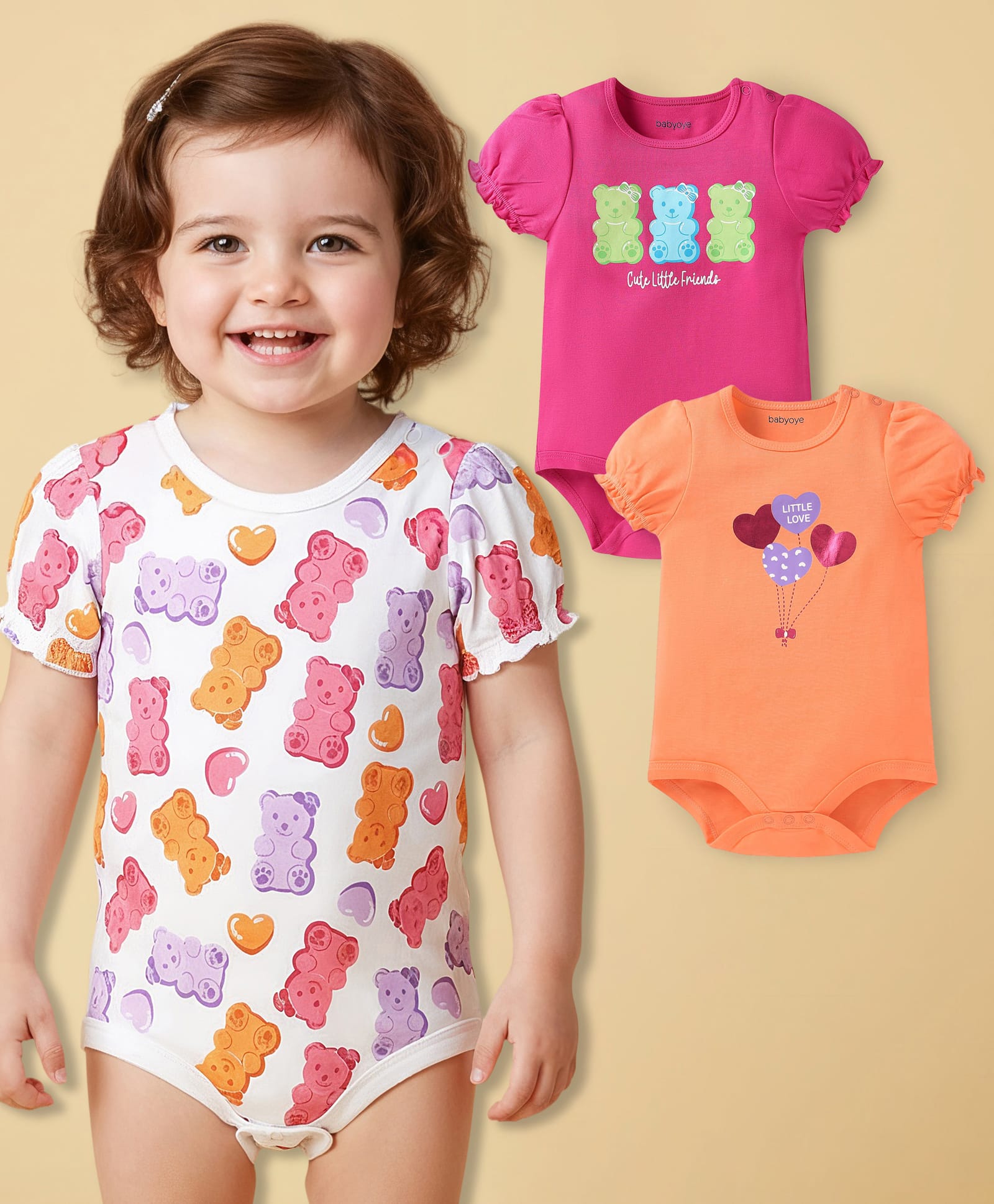 Babyoye 100% Cotton Eco Jiva Finish Half Sleeves Onesies with Teddy Print Pack of 3 - Orange Dark Pink & White-image-9