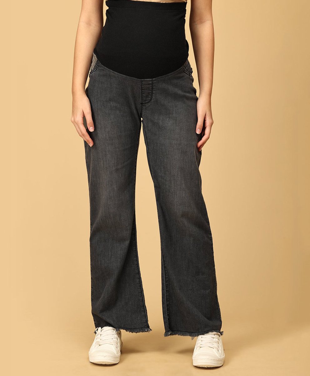 The Mom Store Mild Washed Maternity Denims With Belly Support - Black-image-5