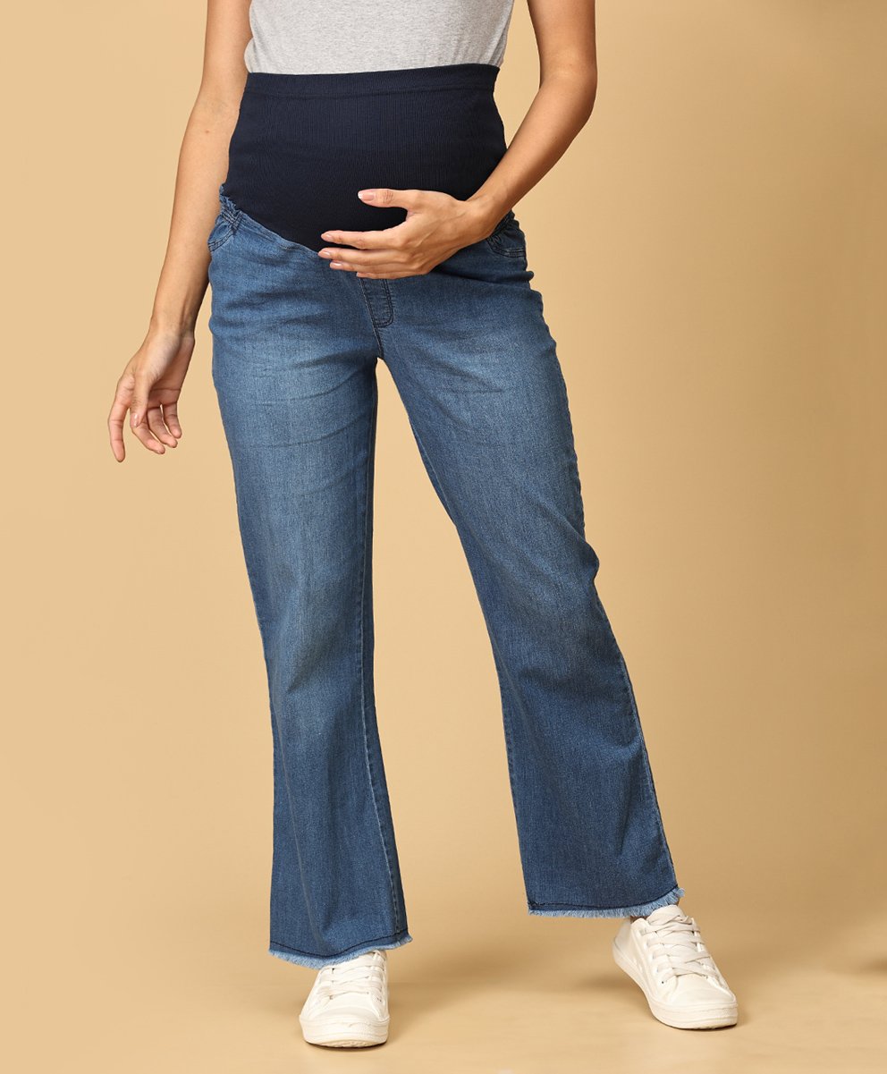 The Mom Store Mild Washed Maternity Denims With Belly Support - Blue-image-6