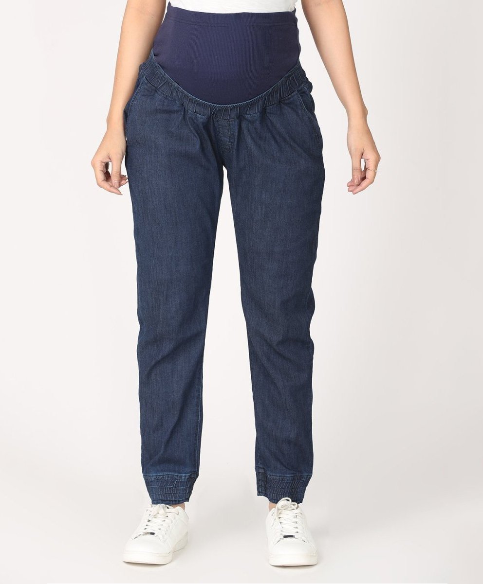The Mom Store Solid Jogger Style Maternity Denims With Belly Support - Blue-picture-16