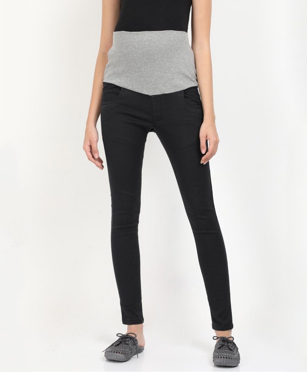 The Mom Store Solid Stretchable Denims With Belly Support - Black-image-47
