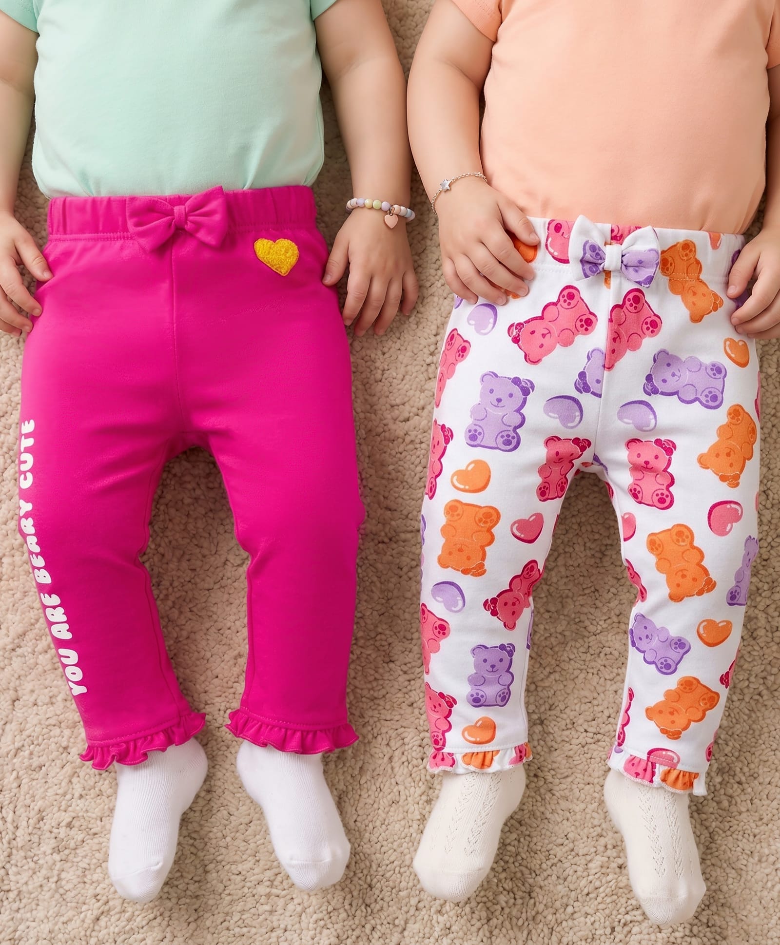 Babyoye 100% Cotton Interlock Knit Eco- Jiva Finish Full Length Teddy Print & Solid Leggings with Bow Applique Pack of 2 - White & Purple-picture-18