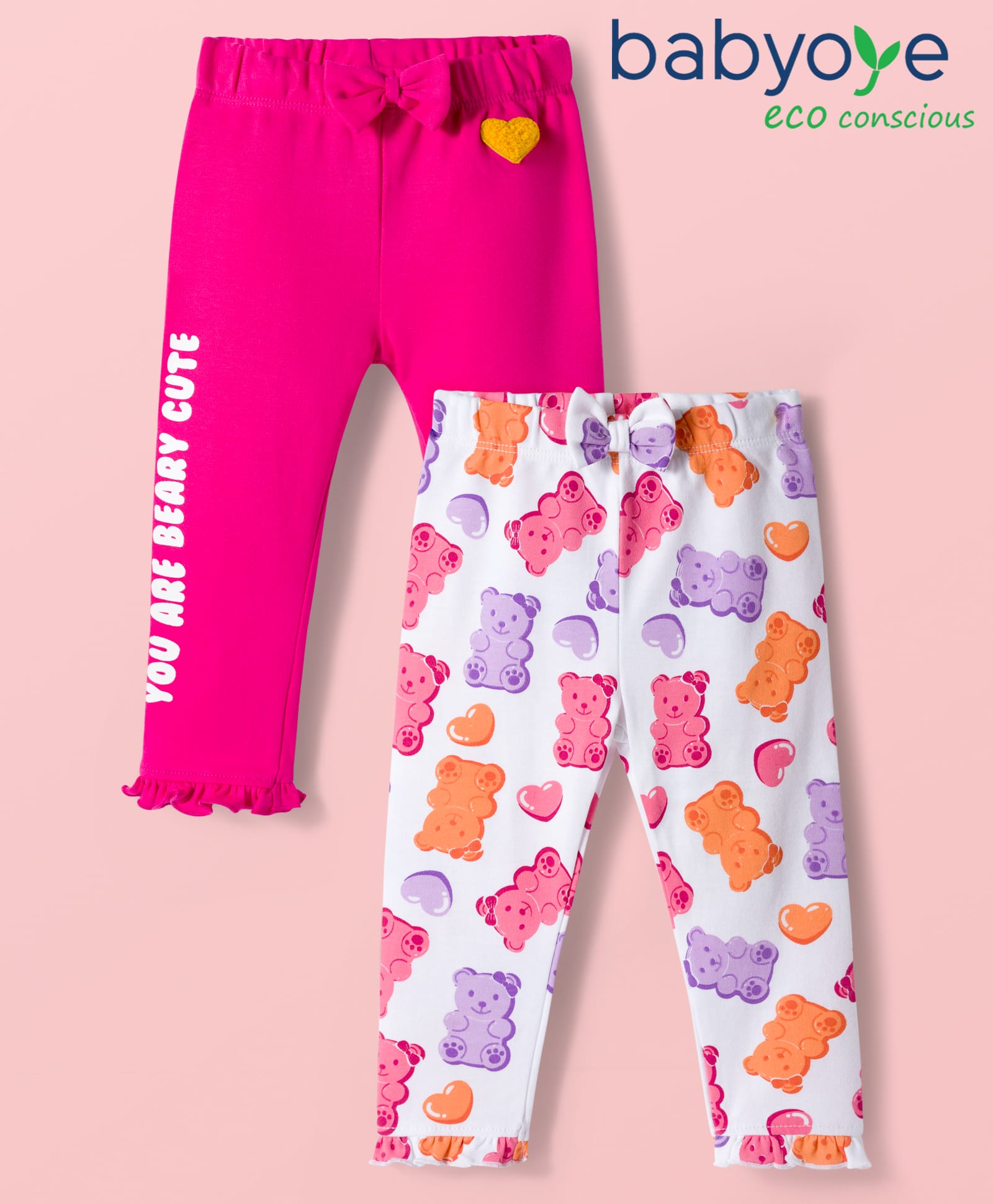 Babyoye 100% Cotton Interlock Knit Eco- Jiva Finish Full Length Teddy Print & Solid Leggings with Bow Applique Pack of 2 - White & Purple-picture-38