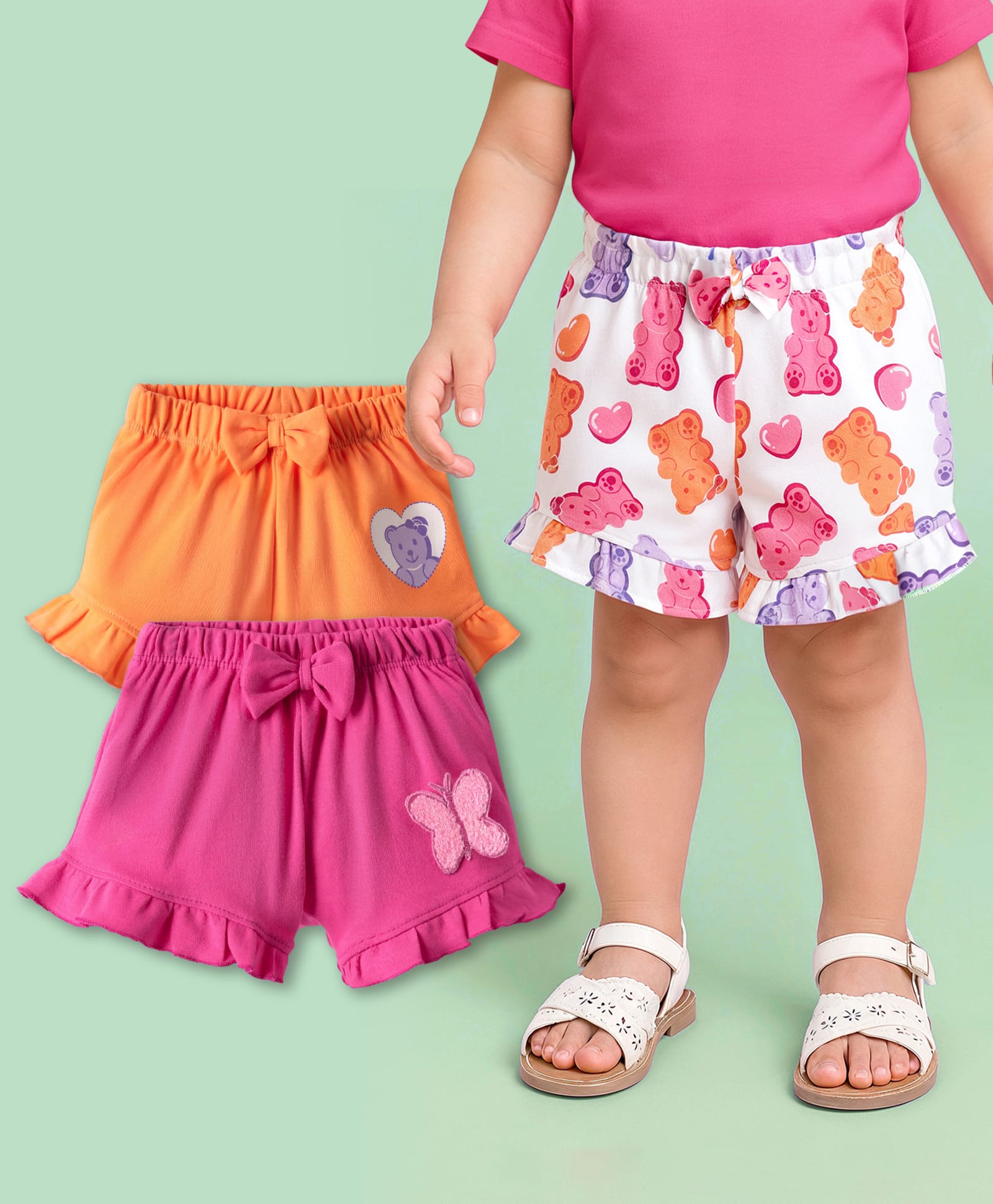 Babyoye 100% Cotton Interlock Knit Shorts With Eco- Jiva Finish & Animal Print Pack Of 3 - Orange White & Pink-picture-39