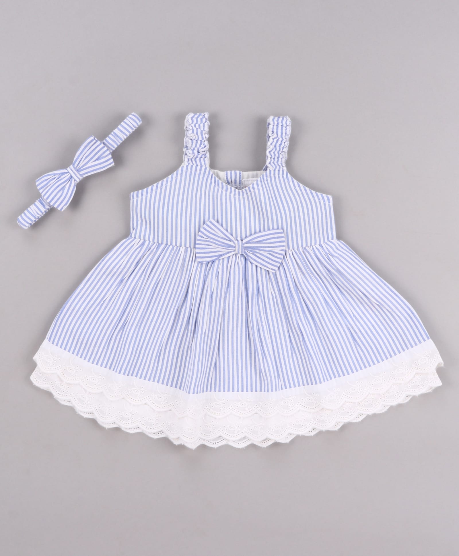 Babyhug Single Jersey Knit Sleeveless Frock with Stripes Bow Applique & Lace Detailing - White & Light Blue-image-32