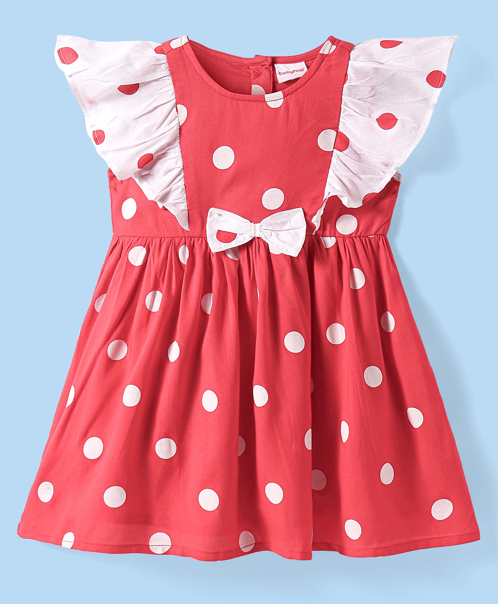Babyhug Cotton Woven Flutter Sleeves Frock With Polka Dot Print & Bow Applique - Red-picture-21