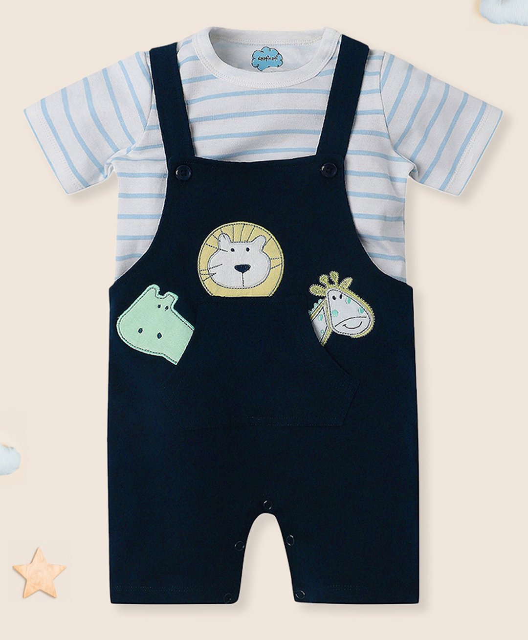 nautinati Nauti Nati Cotton Animal Patch Embroidered Dungaree With Half Sleeves Striped Tee - Blue-picture-15