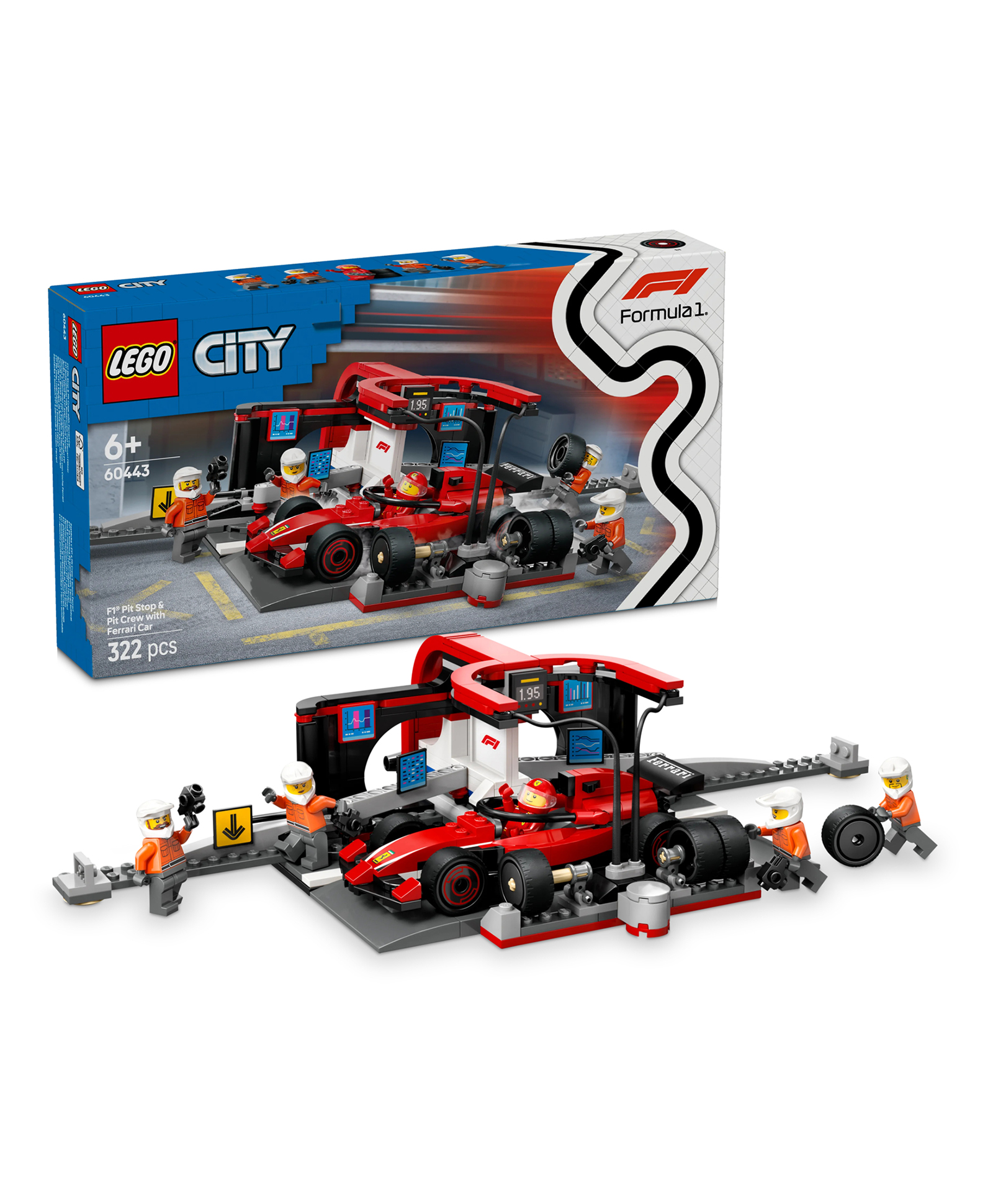 LEGO City F1 Pit Stop & Pit Crew with Ferrari Car Racing Vehicle Toy 322 Pieces - 60443
