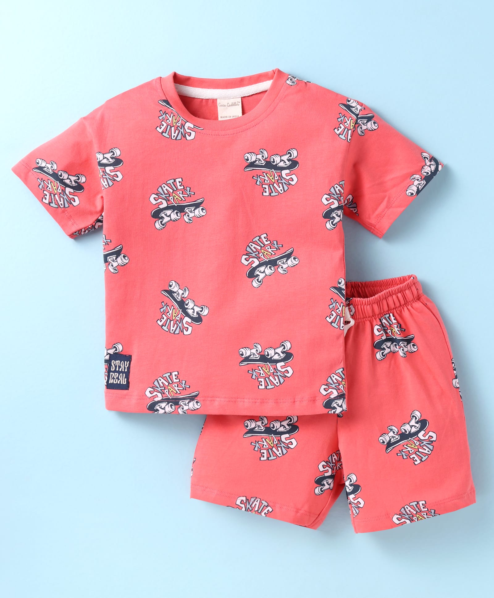 CUCUMBER Sinker Knit Half Sleeves Shorts Night Suit With Skateboard Print - Light Red-picture-31
