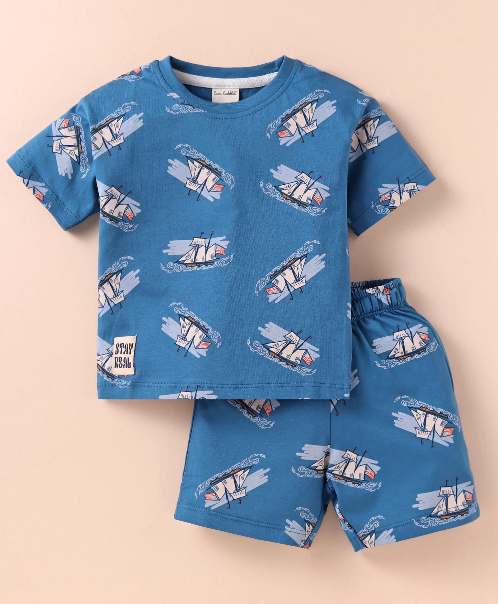 CUCUMBER Sinker Knit Half Sleeves Shorts Night Suit with Wave Hunter Text Print - Navy Blue-picture-26