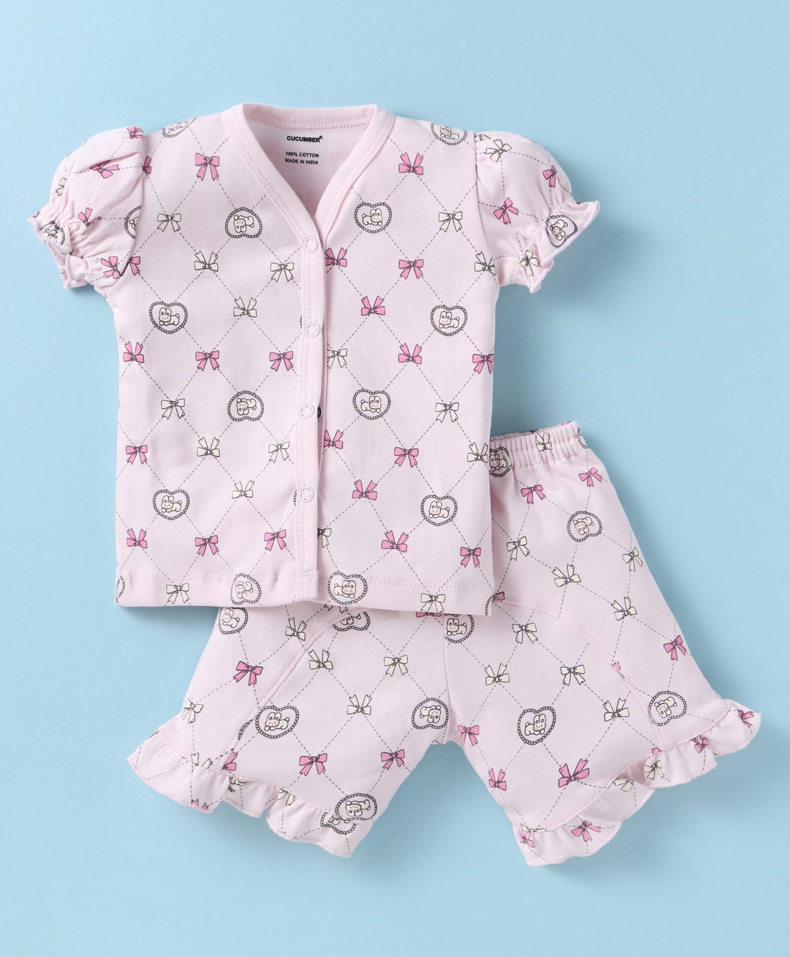 CUCUMBER Sinker Knit Half Sleeves Shorts Night Suit With Rabbit Print - Pink-image-12