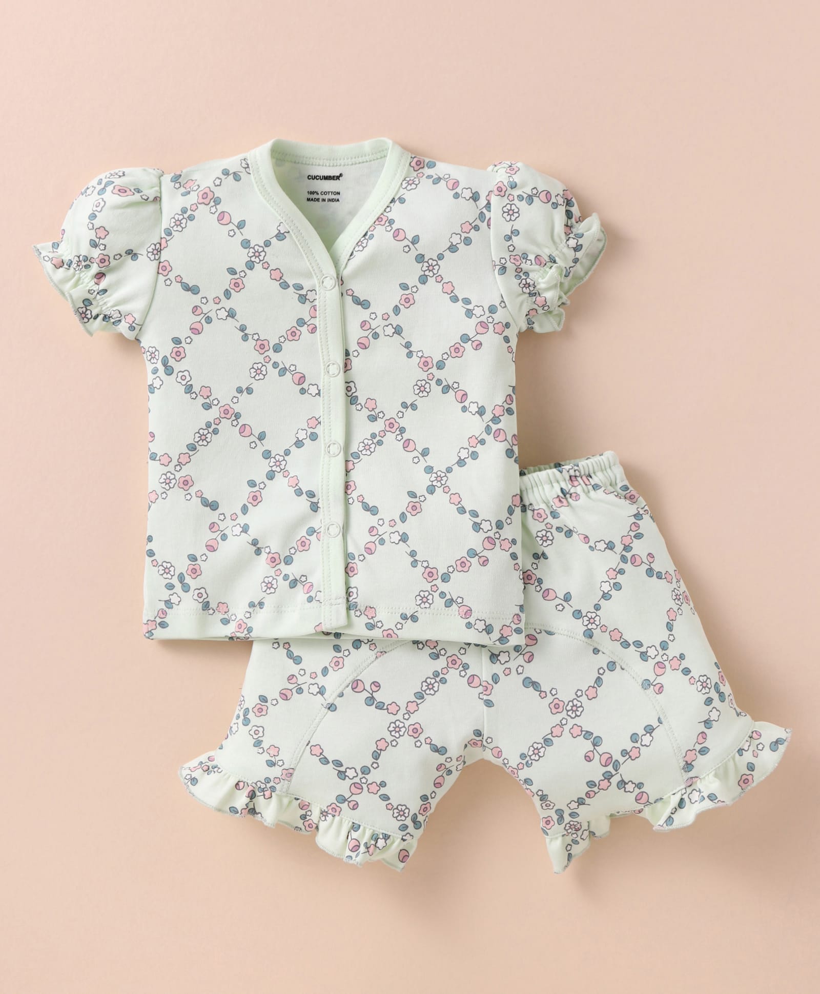 CUCUMBER Sinker Knit Half Sleeves Shorts Night Suit With Floral Print - Light Green-picture-12