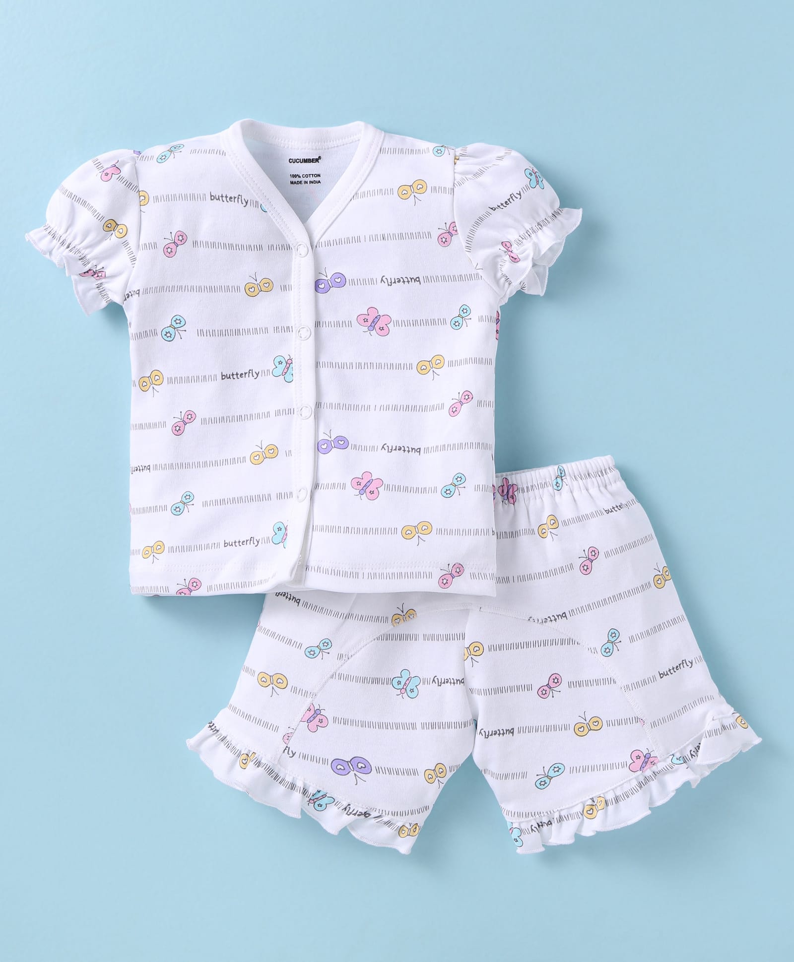 CUCUMBER Sinker Knit Half Sleeves Shorts Night Suit With Butterfly Print - White-picture-45
