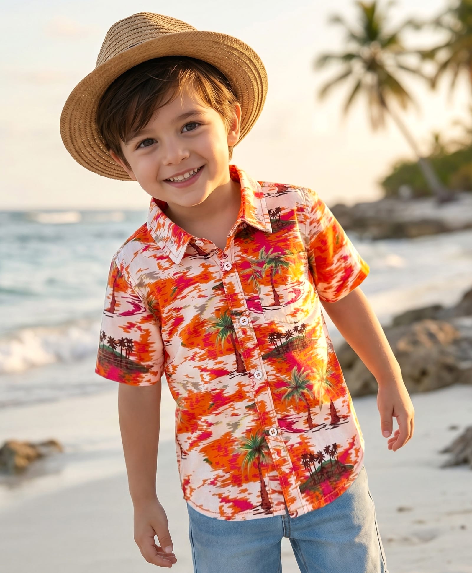 Babyhug Cotton Woven Half Sleeves Shirt with Beach Theme Print - Orange & Peach-picture-20