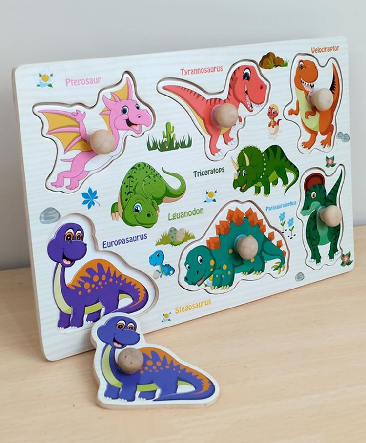 Wudly Dinosaurs Early Learning Wooden Knob Puzzle for Toddlers - Funny Dino Educational Montessori Toy for Shape Recognition, Fine Motor Skill Development, Child-Safe and Durable-image-10