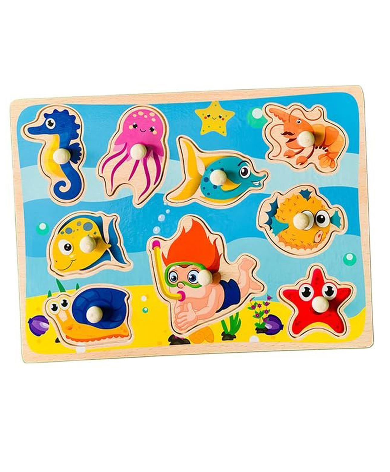 Wudly Wooden Sea Animal Knob Puzzle Board Ocean Theme Early Learning Puzzle for Kids-image-16