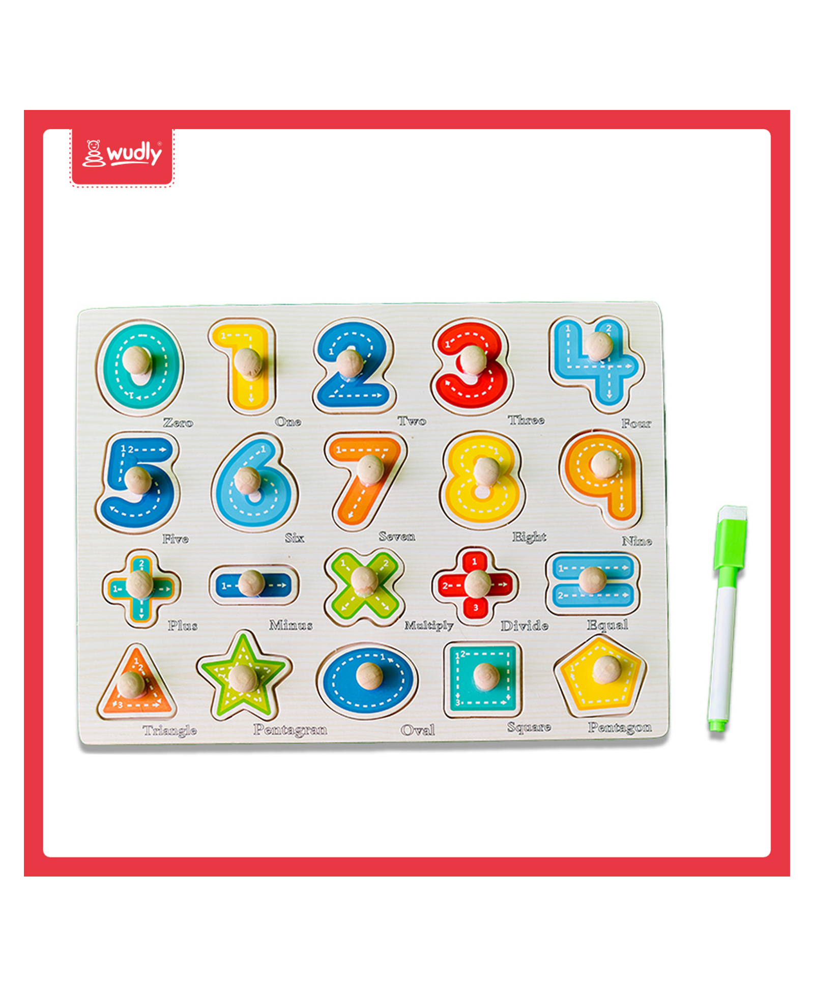 Wudly - Wooden numbers & Shapes Learning Knob Puzzle with White Board-picture-35