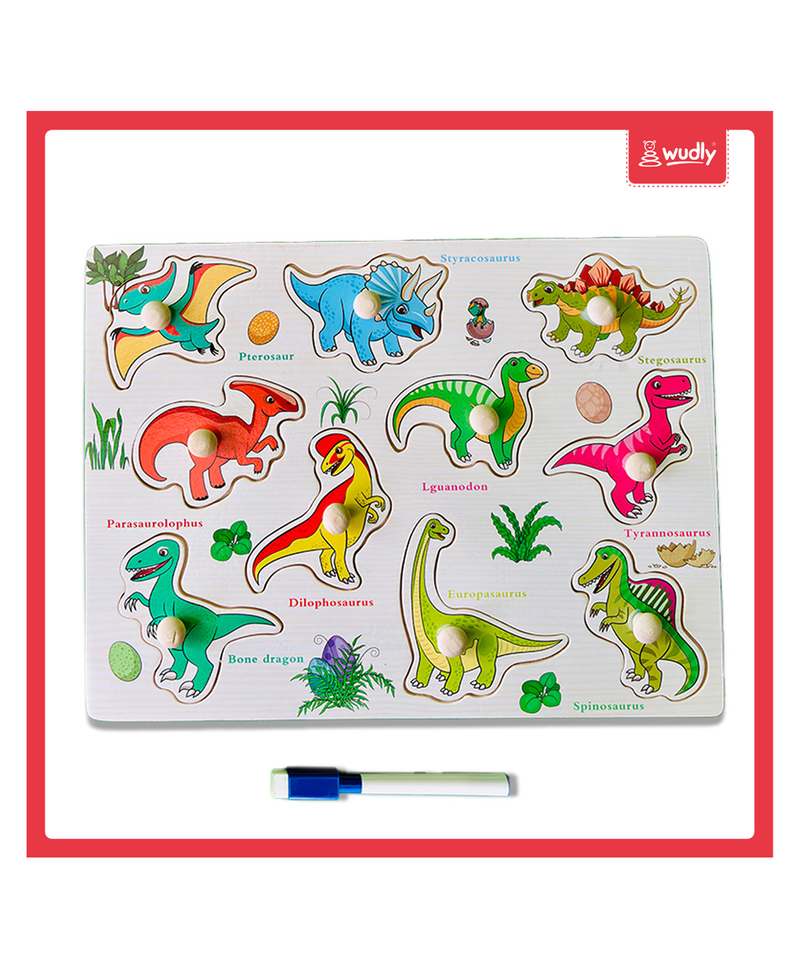 Wudly - Wooden Dino 2Learning Knob Puzzle with White Board-image-43