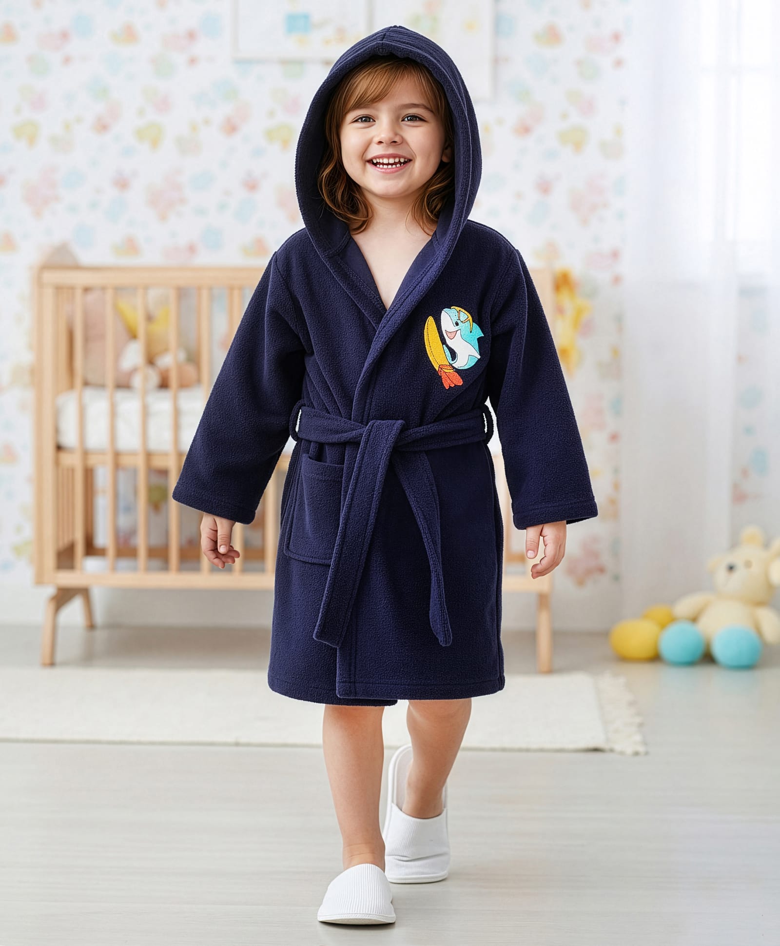 Babyhug Velour Knit Full Sleeves Bath Robe With Shark Embroidery - Navy Blue-image-7