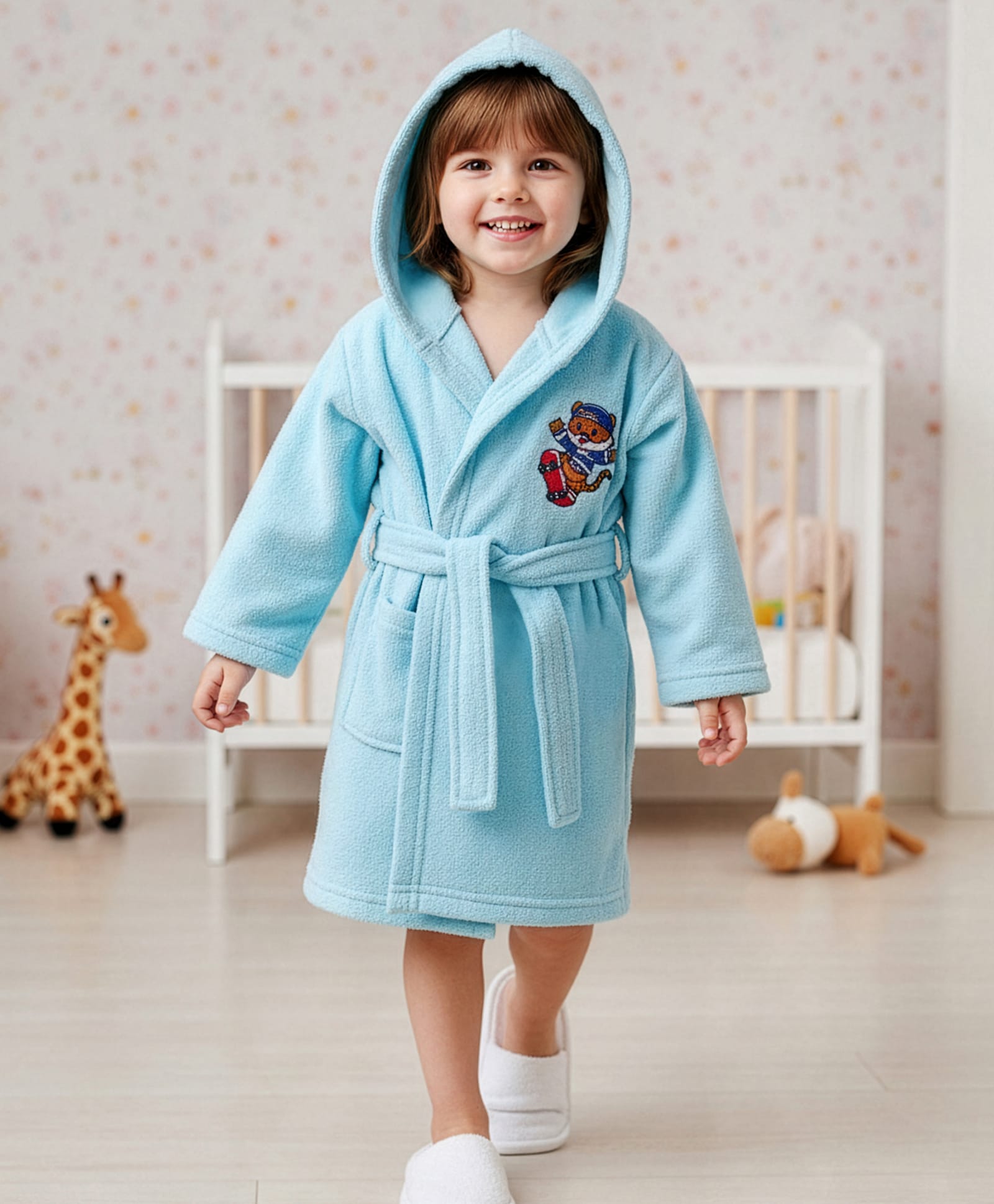 Babyhug Velour Knit Full Sleeves Hooded Bath Robe With Tiger Embroidery - Sky Blue-image-22