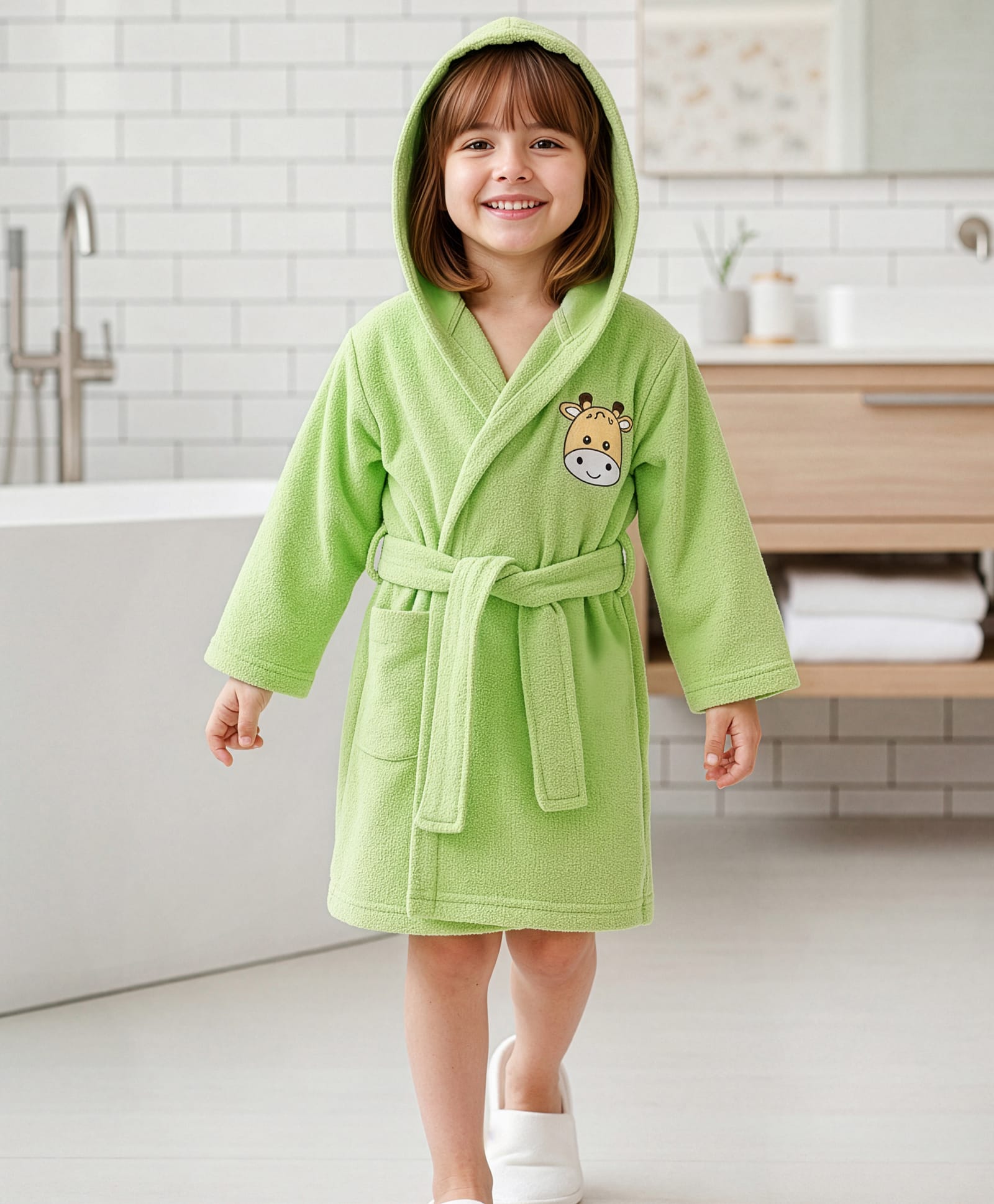 Babyhug Velour Knit Full Sleeves Hooded Bath Robe with Giraffe Patch - Green-picture-16