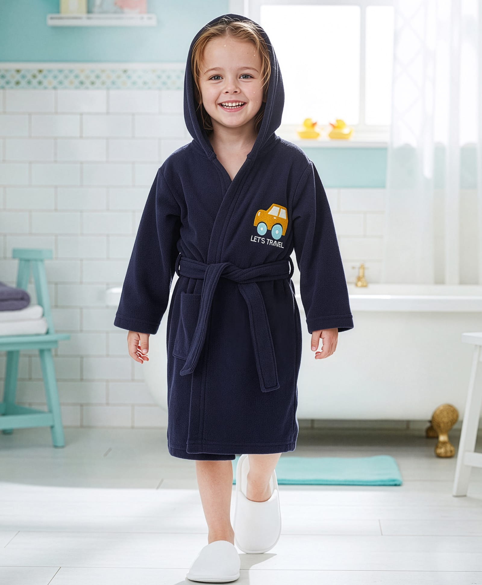 Babyhug Velour Knit Full Sleeves Bath Robe With Let's Travel Print - Navy Blue-image-4