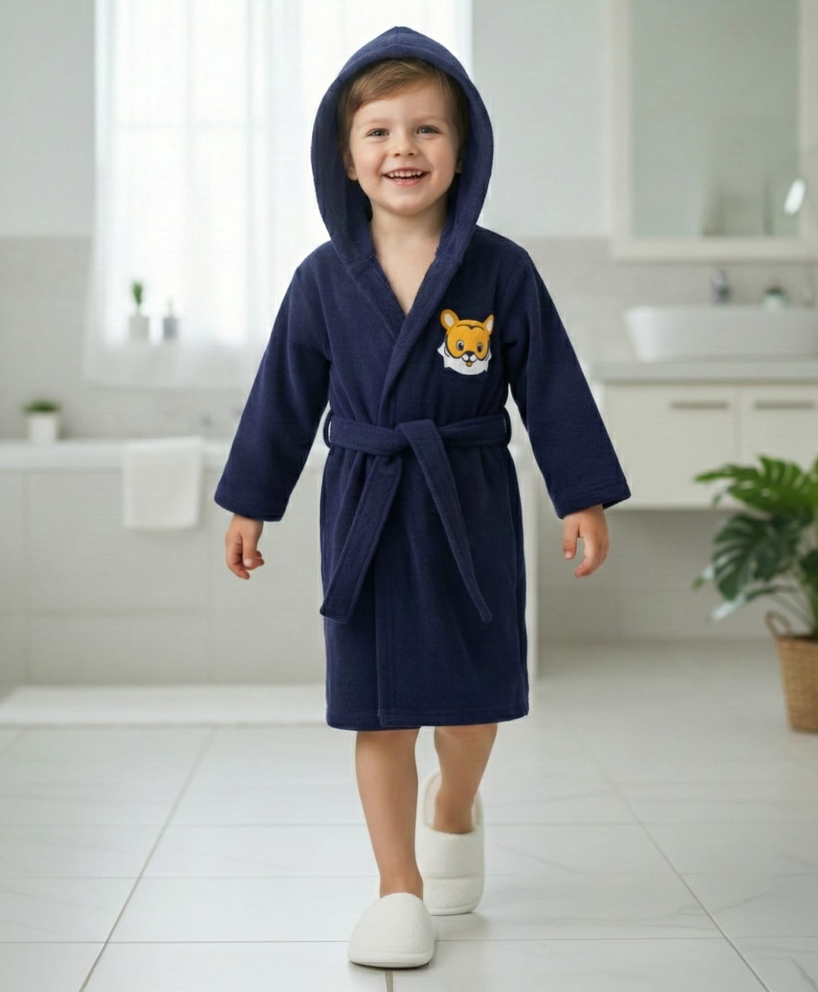 Babyhug Terry Knit Full Sleeves Hooded Bath Robe with Animal Patch - Navy Blue-image-44