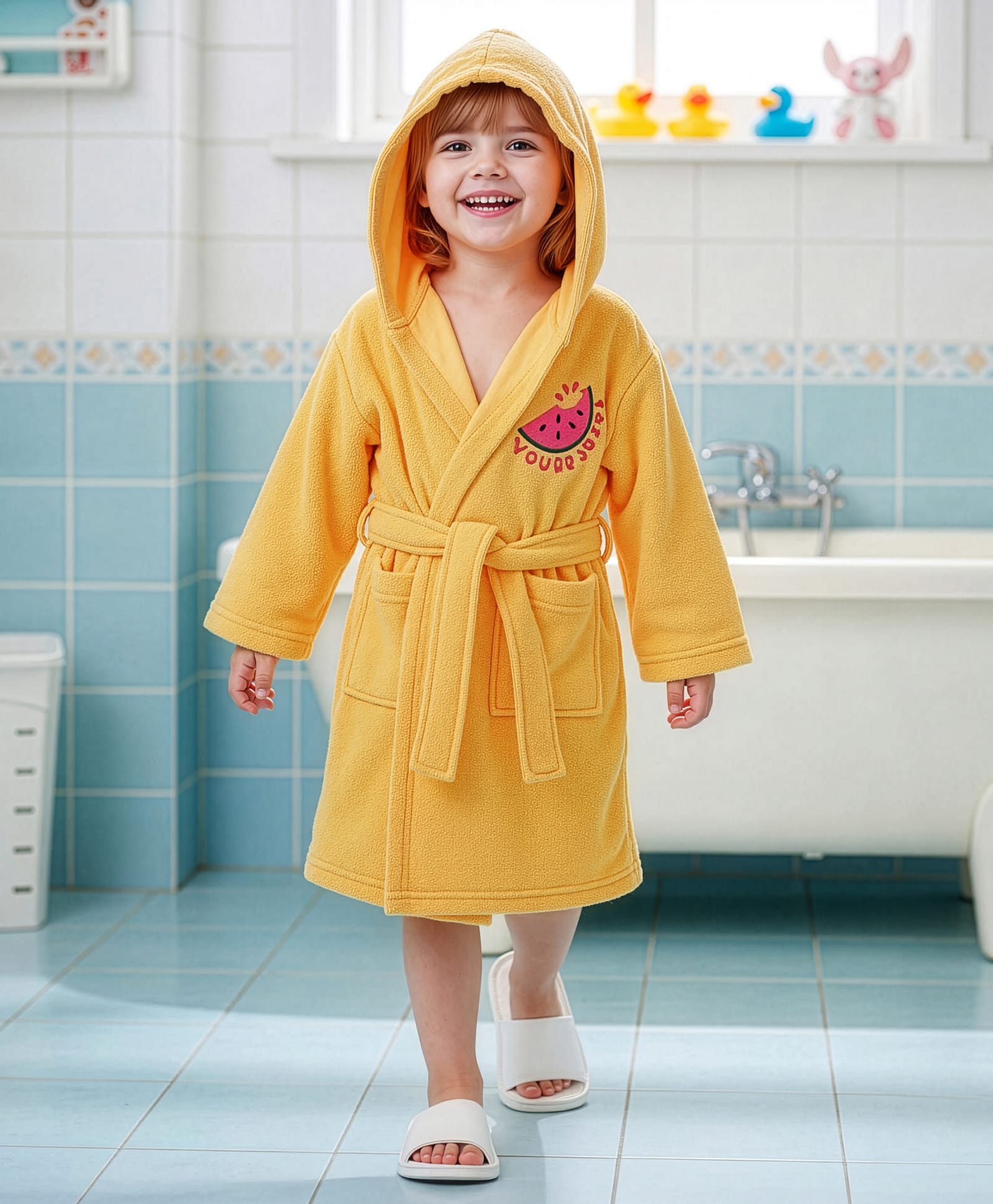 Babyhug Terry Knit Full Sleeves Hooded Bath Robe with Watermelon Embroidery - Yellow-image-41