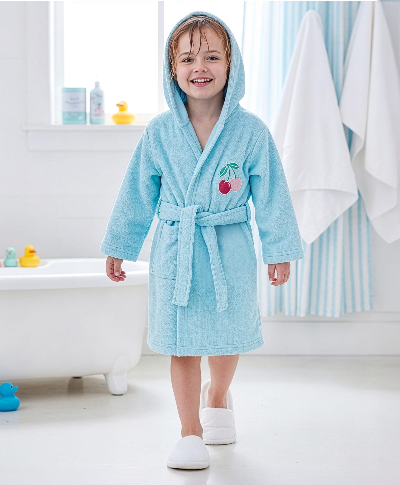 Babyhug Velour Knit Full Sleeves Hooded Bath Robe with Cherry Embroidery - Light Blue-image-44