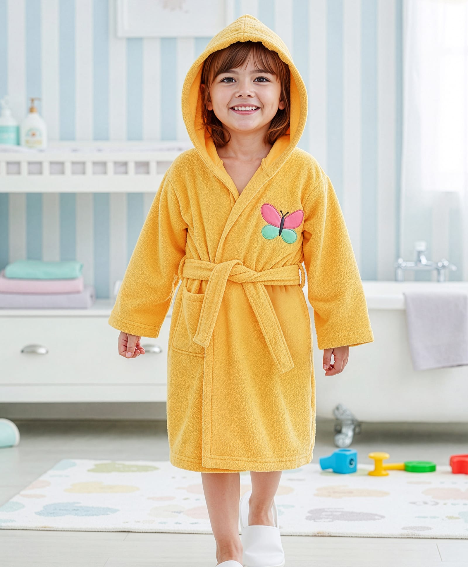 Babyhug Terry Knit Full Sleeves Hooded Bath Robe with Butterfly Embroidery - Yellow-image-40
