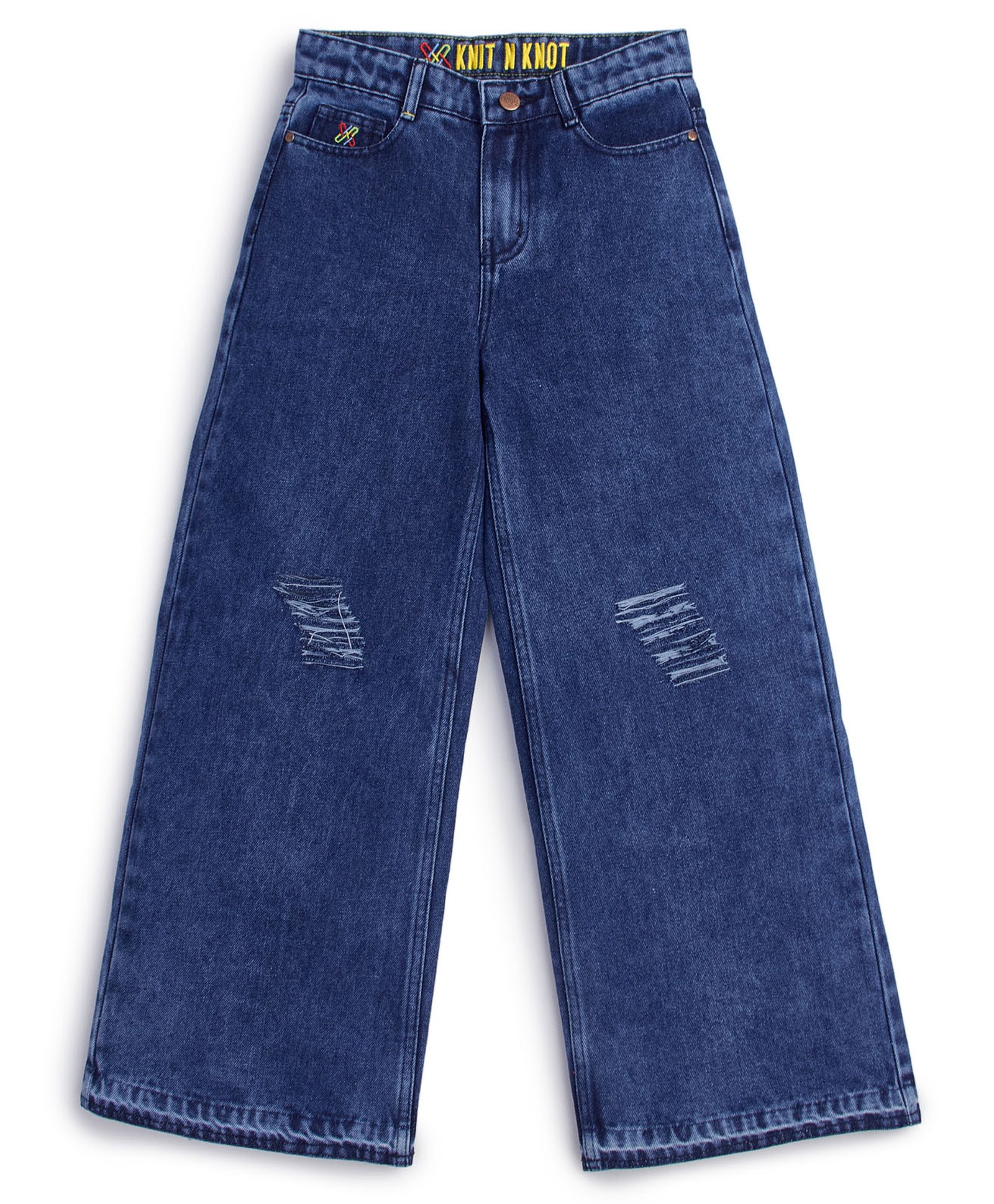 Knit N Knot Denim Distressed Wide Leg High Waist Jeans - Navy Blue-picture-17