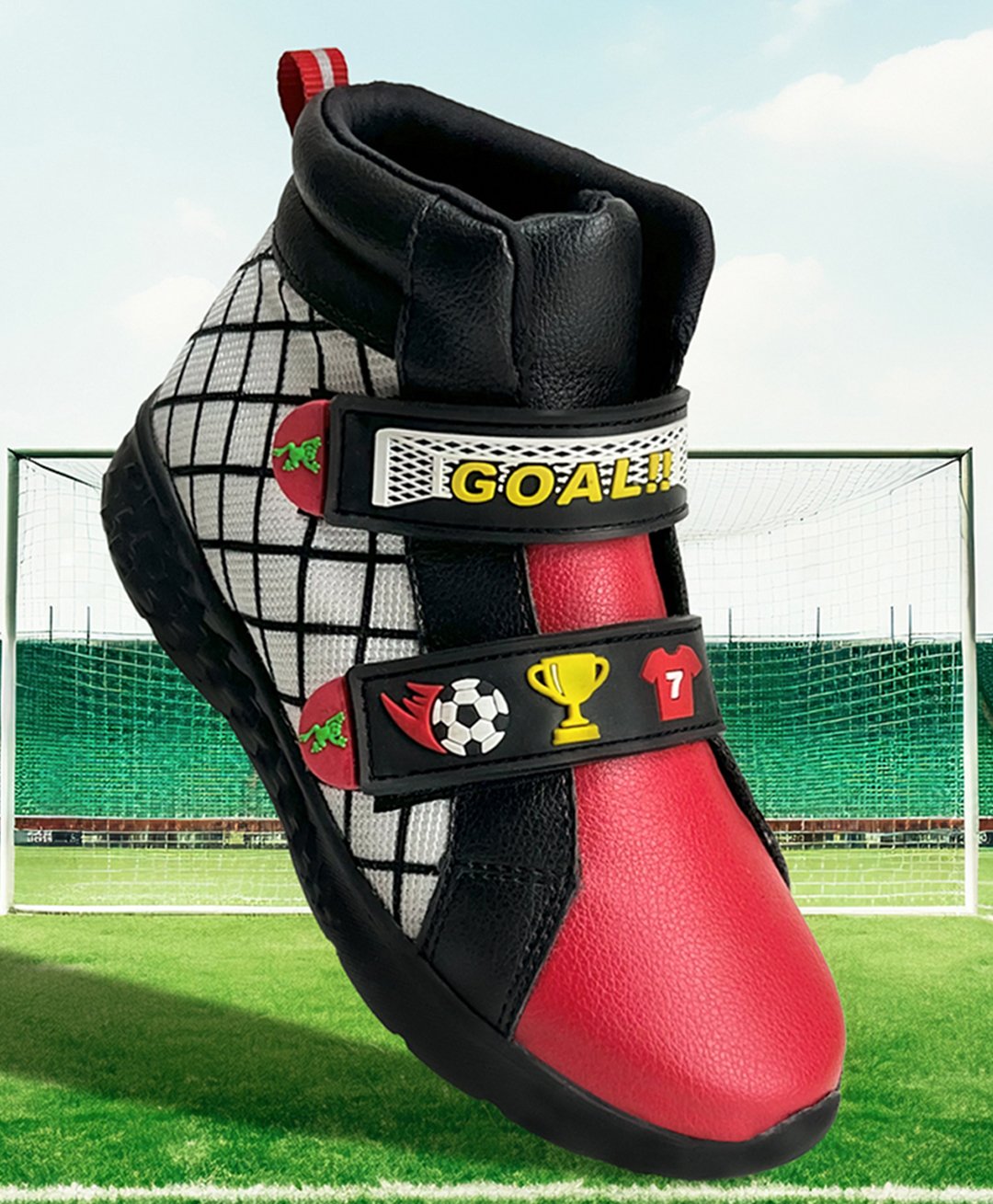 Hopits Checked & Goal Text Applique Detailed Sneakers With Velcro Closure - Red-picture-23