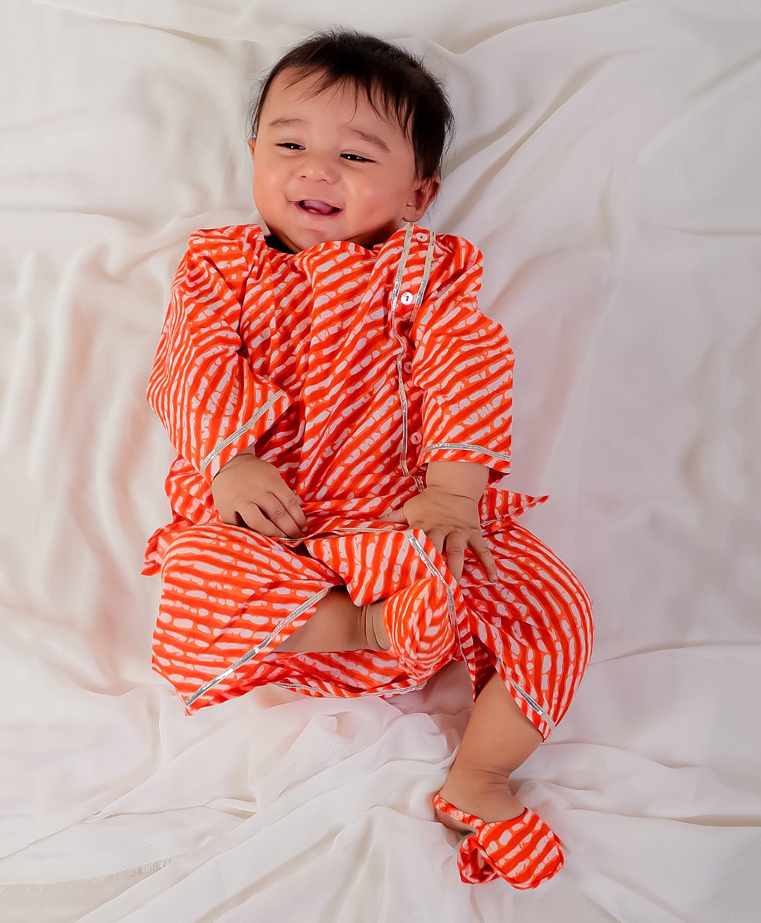BownBee Pure Cotton Full Sleeves Leheriya Printed & Lace Embellished Dhoti Kurta With Booties Set - Orange-picture-28