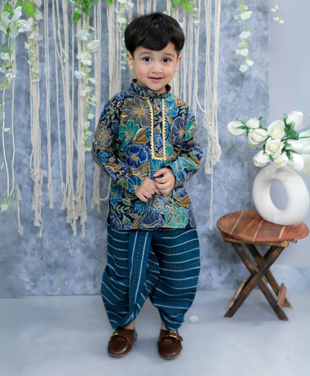 BownBee Cotton Blend Full Sleeves Floral Printed & Lace Embellished Dhoti Kurta Set - Blue-image-48