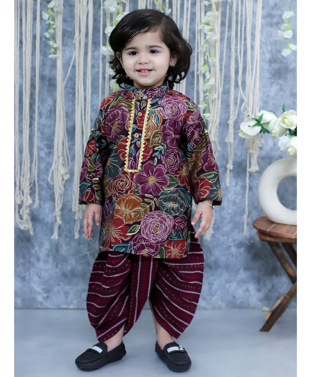 BownBee Cotton Blend Full Sleeves Floral Printed & Lace Embellished Dhoti Kurta Set - Purple-image-43