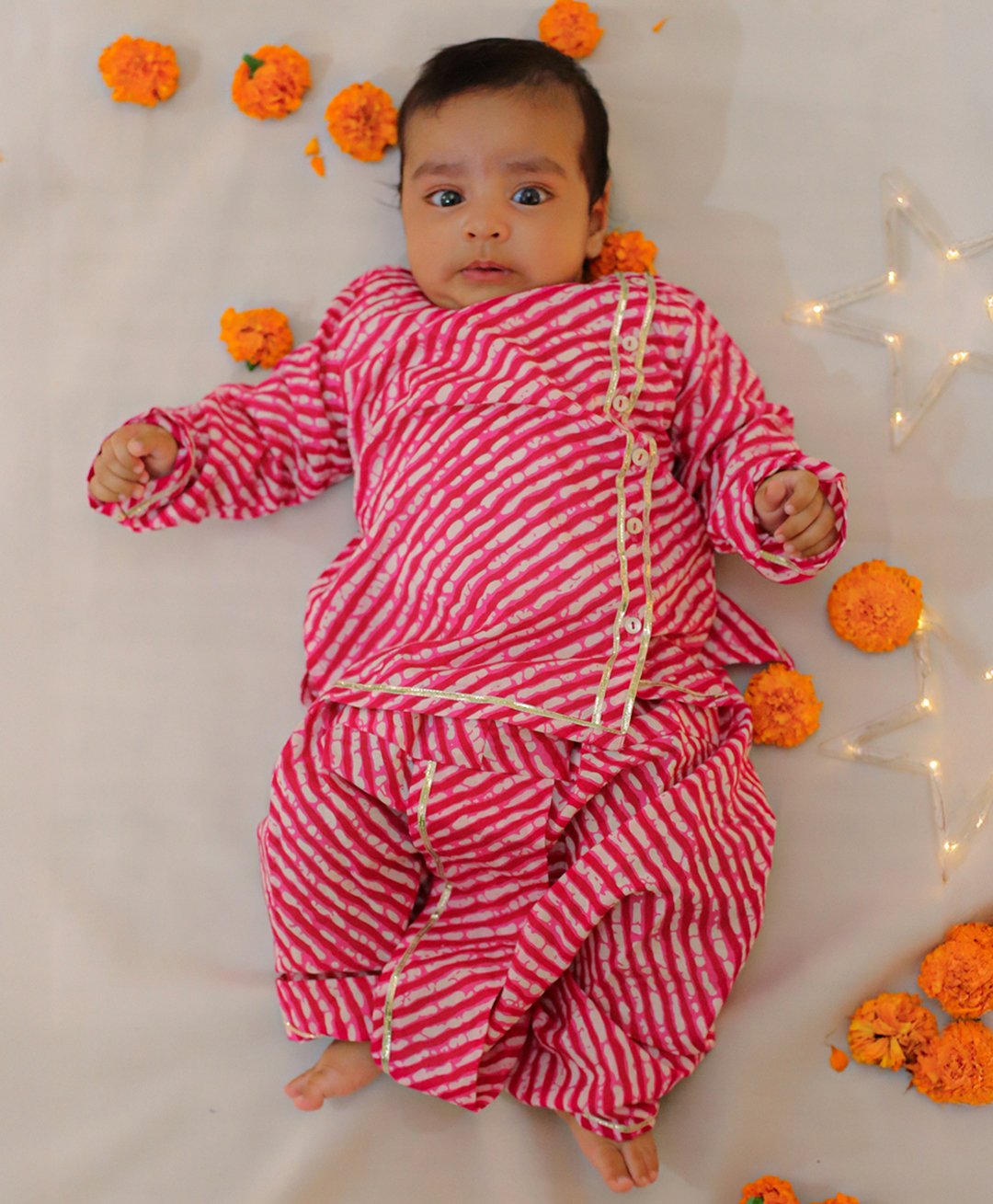 BownBee Pure Cotton Full Sleeves Leheriya Printed Lace Embellished Dhoti Kurta Set - Pink-picture-18