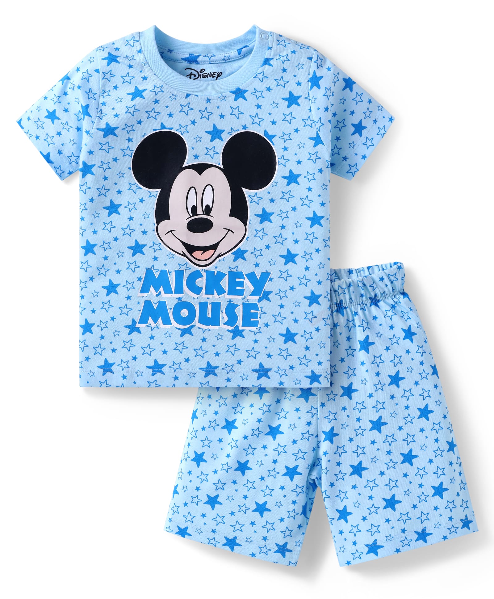 Babyhug Disney Single Jersey Knit Half Sleeves Co-ords Shorts Night Suit with Mickey Mouse Graphics - Light Blue-image-13