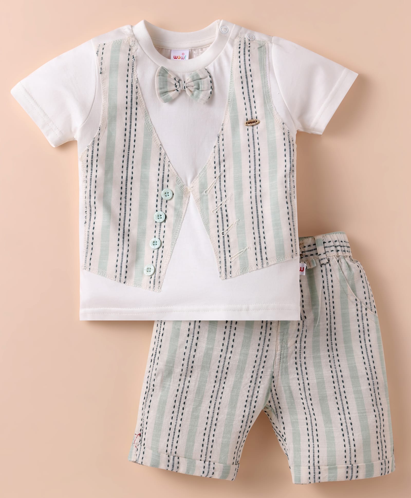 WOW Clothes Cotton Knit Half Sleeves Waistcoat Attached T-Shirt & Shorts Set with Bow Applique & Stripes - Light Green-picture-24