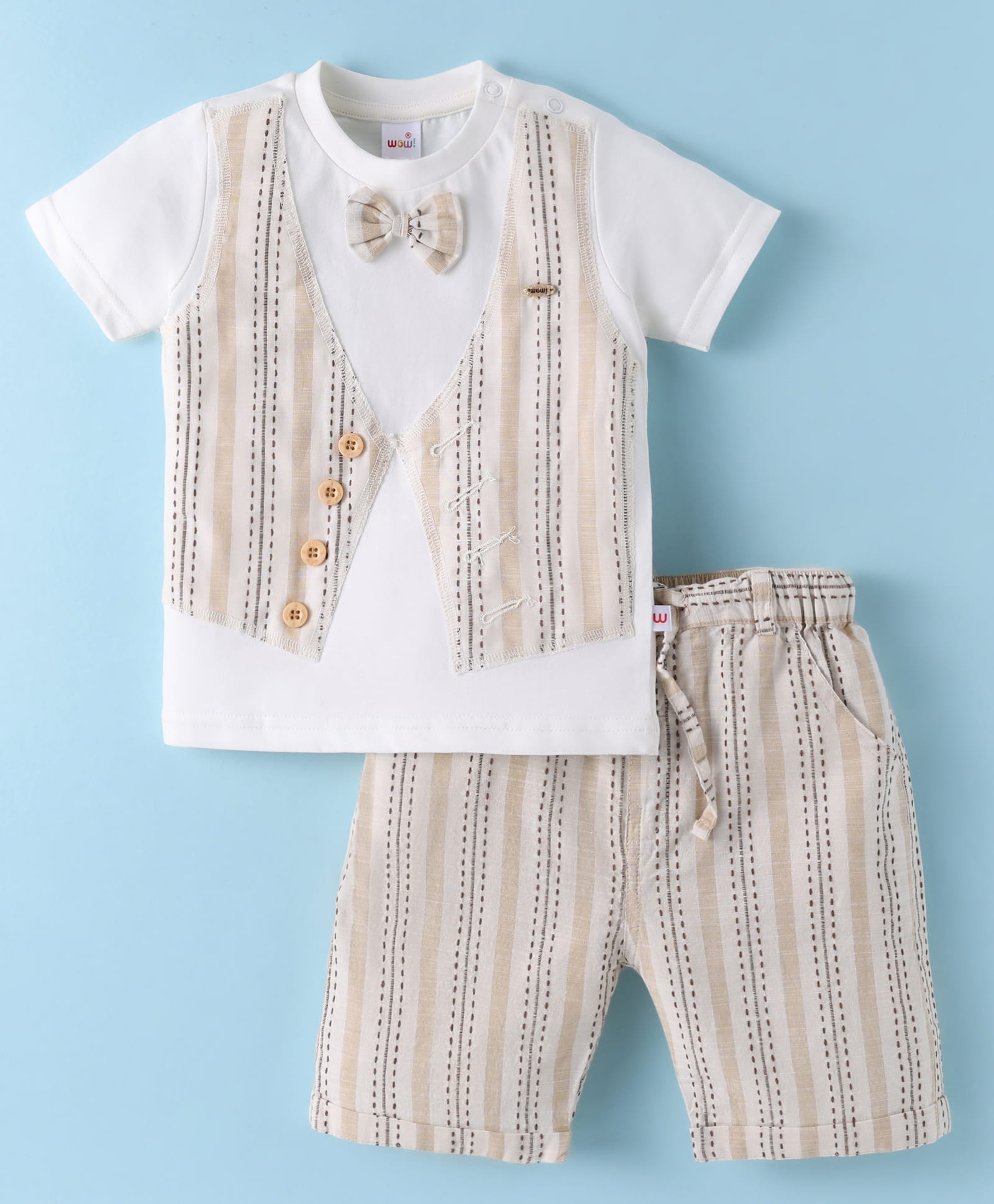 WOW Clothes Cotton Knit Half Sleeves Waistcoat Attached T-Shirt & Shorts Set with Bow Applique & Stripes - Tan-image-24