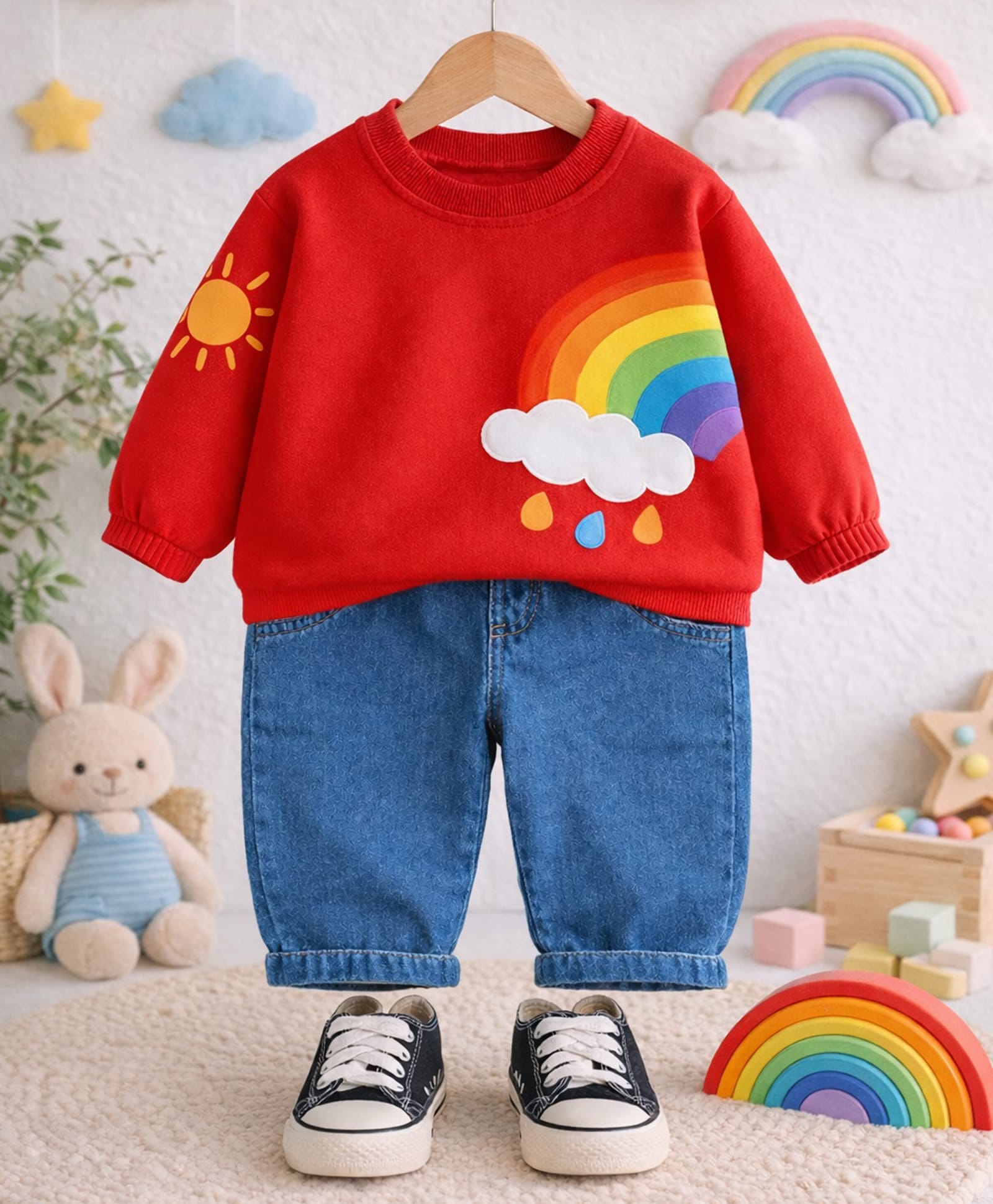 Googo Gaaga Cotton Full Sleeves Rainbow Designed Sweatshirt With Pant Set - Red