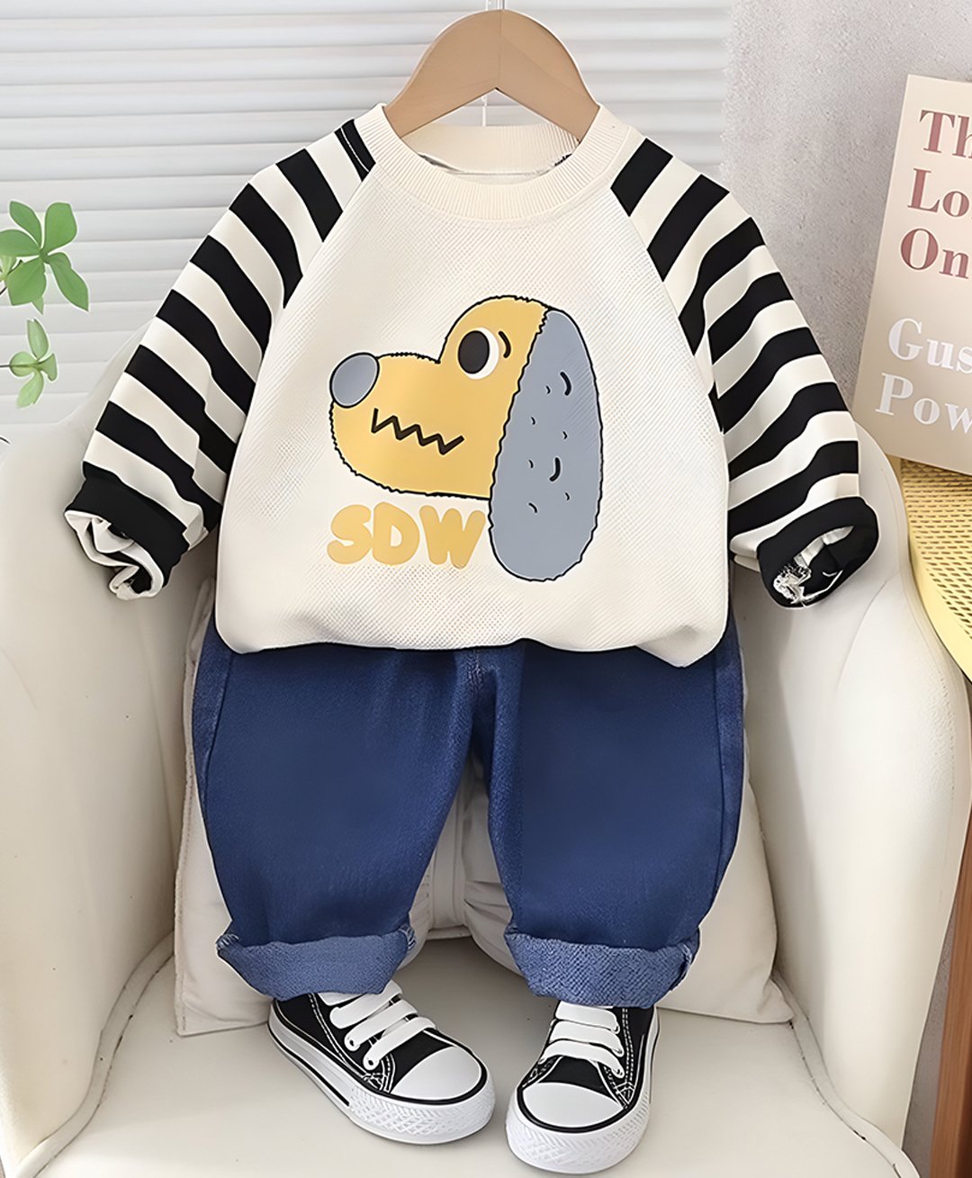 Googo Gaaga Cotton Full Sleeves Dog Printed & Striped Sweatshirt Joggers Set - White