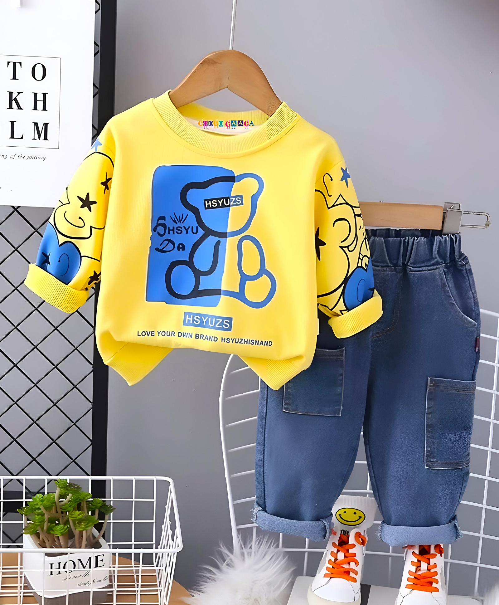 Googo Gaaga Cotton Full Sleeves Teddy Printed Sweatshirt & Joggers Set - Yellow