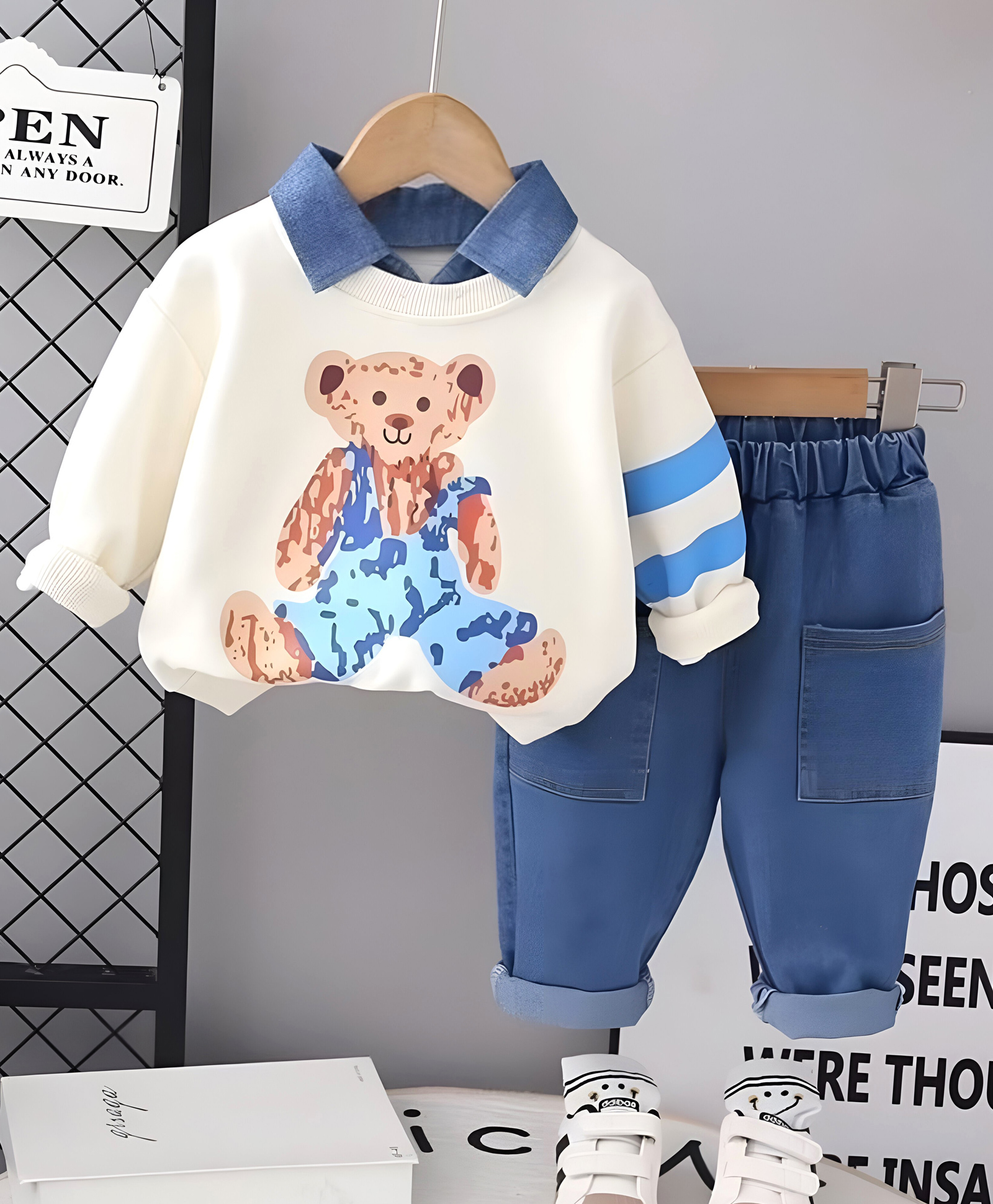 Googo Gaaga Cotton Full Sleeves Teddy Printed Sweatshirt & Joggers Set - Cream-image-22